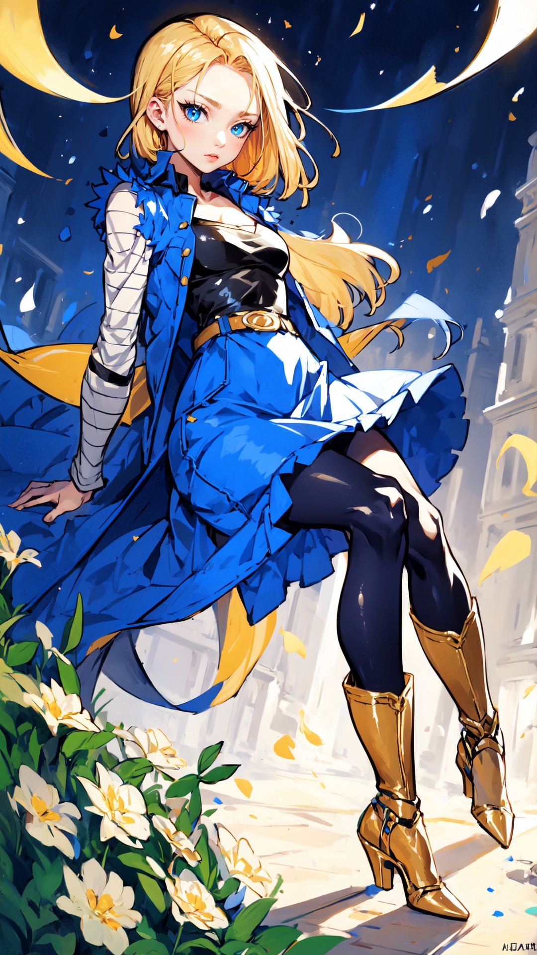 Anime,Alice, anime style, blue eyes, dark Green dress with a karset, white small skirt, black green sleeves, black green glove on the right hand, Gold bows on the forearms, long black boots ending with royal trims, yellow with blue stones tied, blond hair, yellow coat, stetson with black and yellow roses,n_2b,asian girl,long skirt,high_school_girl,Android_18_DB