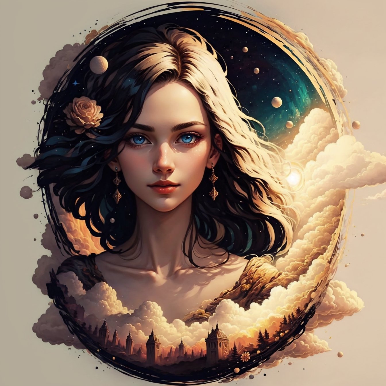 (1 girl), blue eyes, black hair,very long hair,white bodycon clasical dress,red flower prints,focus 1girl,focus face,look at viewer,beautiful face ,  in park, cloudy, starry sky, milky way, sunset, high quality, highres,high detailed,high detailed face , masterpiece,8k, epic,dust particles,sitting moon,Circle,wings,EpicArt,