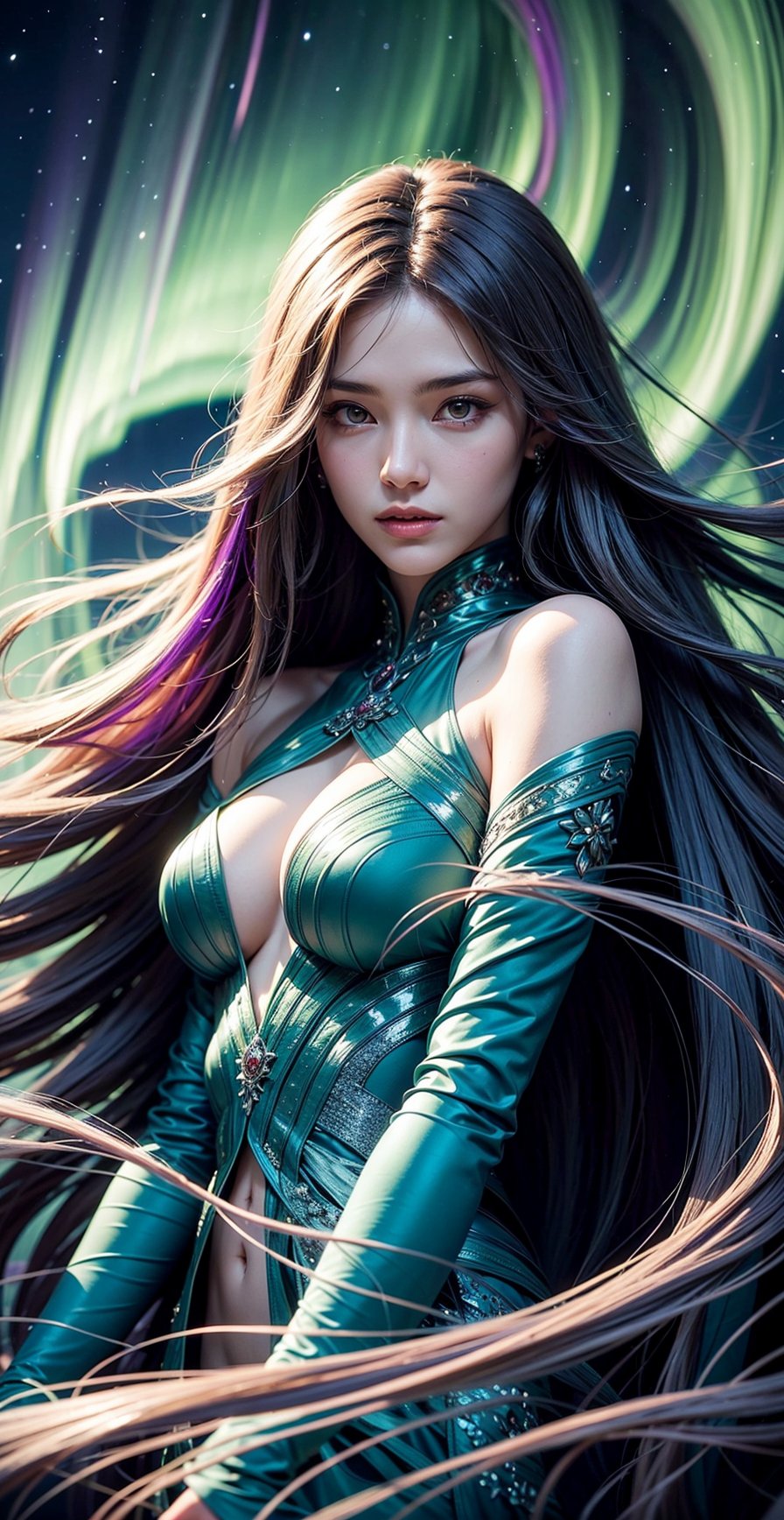 a female character with long, flowing hair that appears to be made of ethereal, swirling patterns resembling the Northern Lights or Aurora Borealis. The background is dominated by deep blues and purples, creating a mysterious and dramatic atmosphere. The character's face is serene, with pale skin and striking features. She wears a dark-colored outfit with subtle patterns. The overall style of the artwork is reminiscent of fantasy or supernatural genres