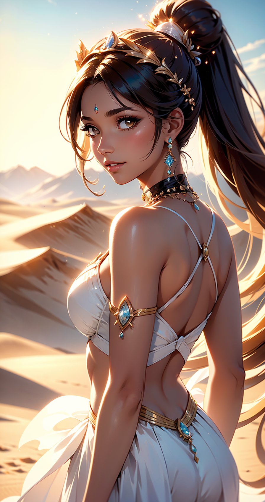 A majestic portrait of femininity: A stunning young woman, with dark tan skin and striking features, exudes confidence as she poses amidst a serene desert oasis. Her parted lips curve into a gentle smile, framing her face beneath soft blush-kissed cheeks. Silky hair is swept back in a high ponytail, secured by a sleek headpiece that complements her radiant beauty. A flowing white skirt with gem-like hooks and a short crop top showcase her athletic yet curvy figure against the sun-kissed dunes. The camera's focus captures every detail of her stunning makeup, as she stands majestically amidst a tranquil landscape.