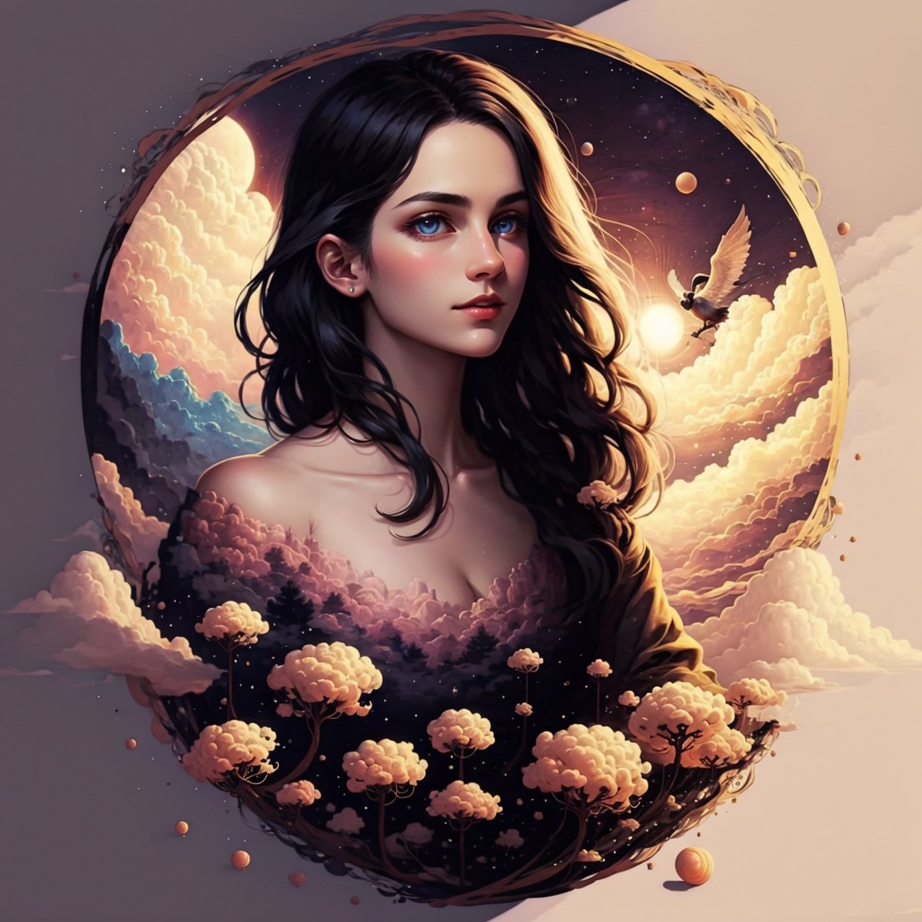 (1 girl), blue eyes, black hair,very long hair,pink bodycon clasical dress,red flower prints,focus 1girl,focus face,look at viewer,beautiful face ,  in park, cloudy, starry sky, milky way, sunset, high quality, highres,high detailed,high detailed face , masterpiece,8k, epic,dust particles,sitting moon,Circle,wings,EpicArt,