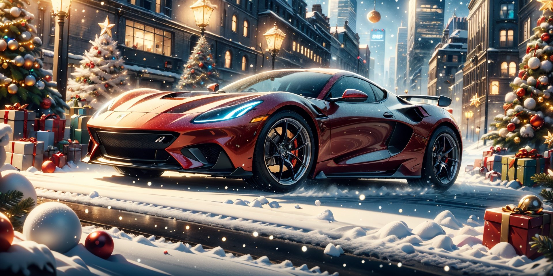 photorealistic, ,best quality,masterpiece,highly detailed,ultra-detailed,a futuristic sports Car in a christmas city. 4k 3d render unreal engine 5 rendered with blender and octane global illumination from photorealistic hyper realism concept ,ChristmasDecorativeStyle