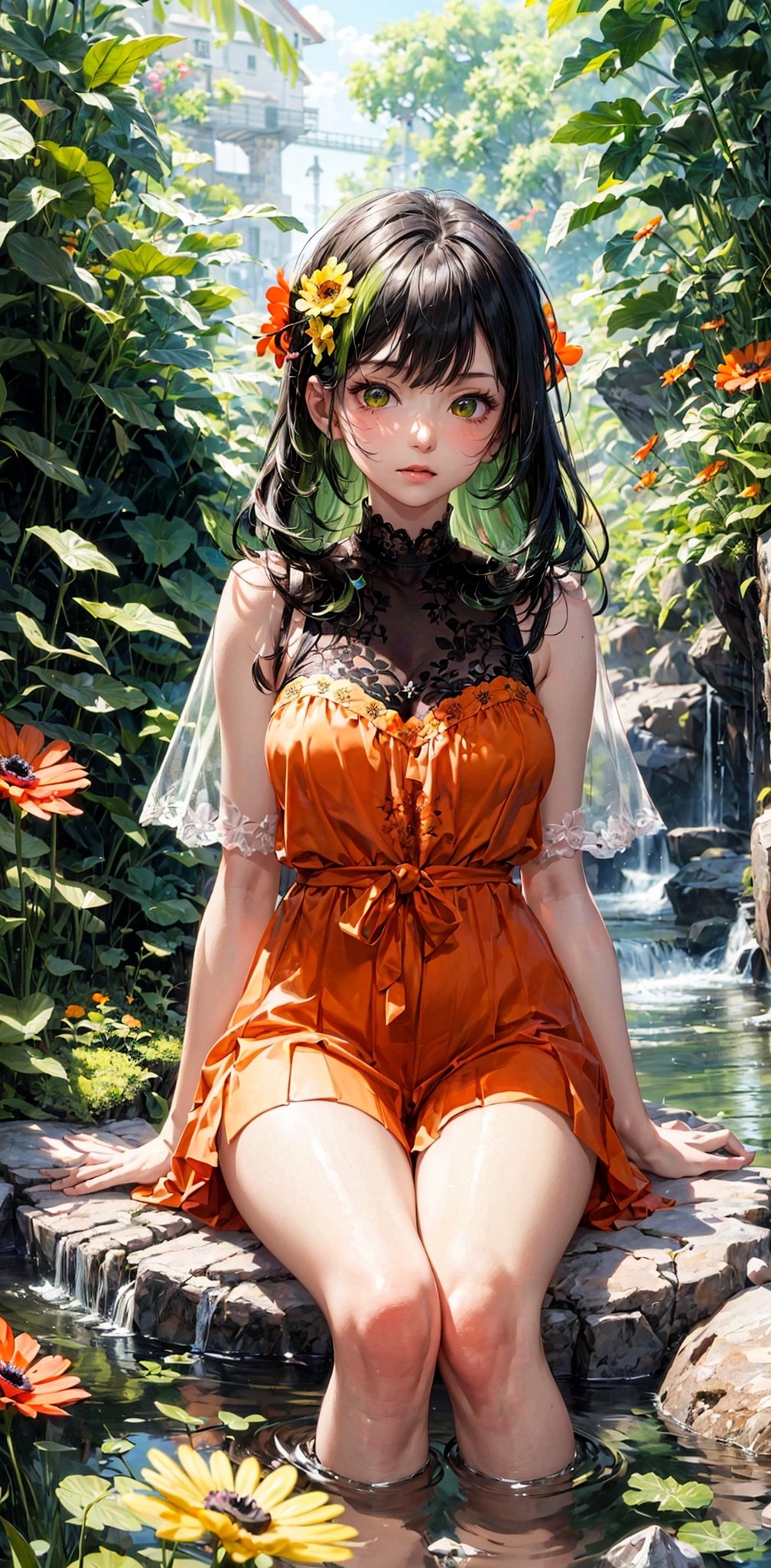 Watercolor painting, (Beautifully Aesthetic:1.2), (1girl:1.3), (very long, colorful hair,  green/dark hair:1.2), sit on the rock, clear water with reflection, natta,ella freya, colorful, (green/orange Lace transparent:1.2),

20-year-old girl, fairy princess, green clothes, nature clothes, nature panorama, sweet, beauty gril,

Orange and yellow anemone flowers bloom around, Anemone blooming on the head, art by mugen_ngk,High detailed ,kaede,FFIXBG