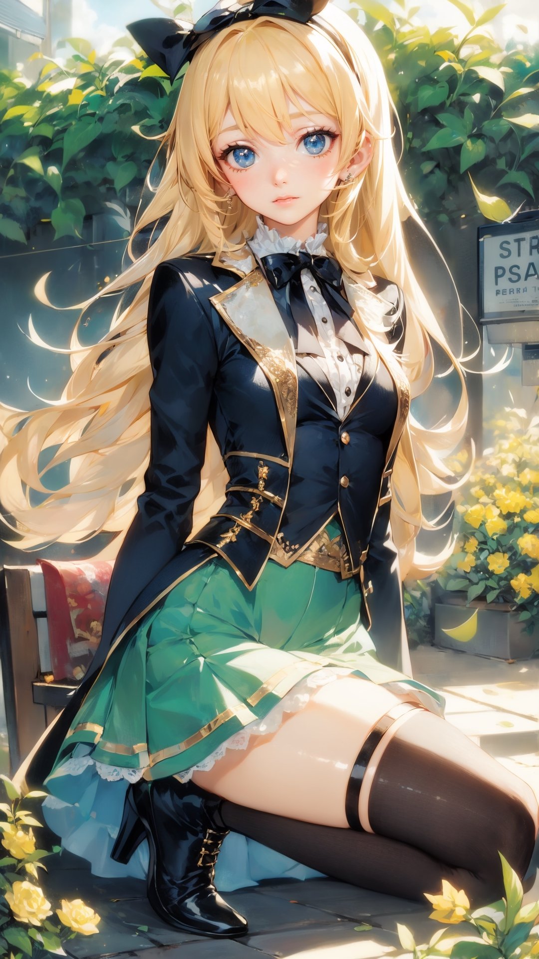 Anime,Alice, anime style, blue eyes, dark Green dress with a karset, white small skirt, black green sleeves, black green glove on the right hand, Gold bows on the forearms, long black boots ending with royal trims, yellow with blue stones tied, blond hair, yellow coat, stetson with black and yellow roses,n_2b,asian girl,long skirt,high_school_girl