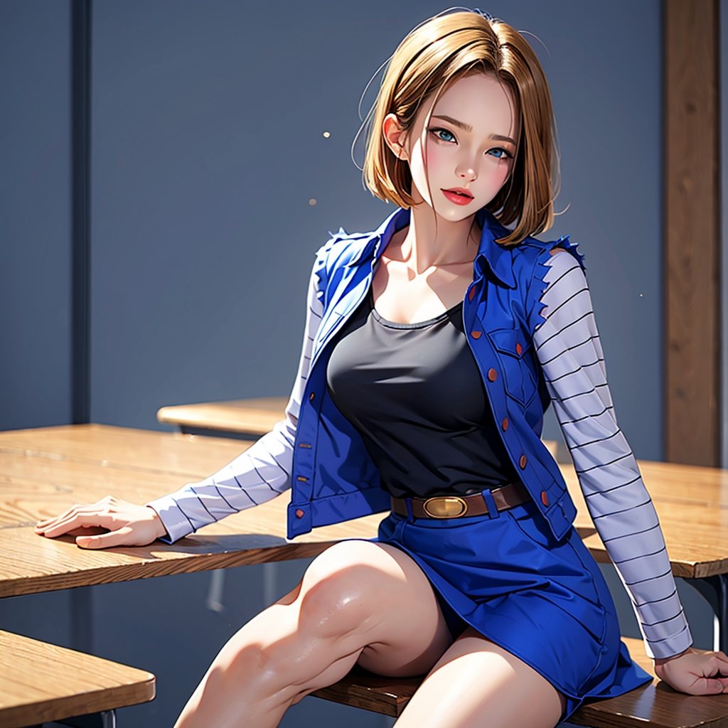 android 18,1girl, blush,full_face, jacket,high_school_girl,short_hair, sitting on the table, wearing_glass
