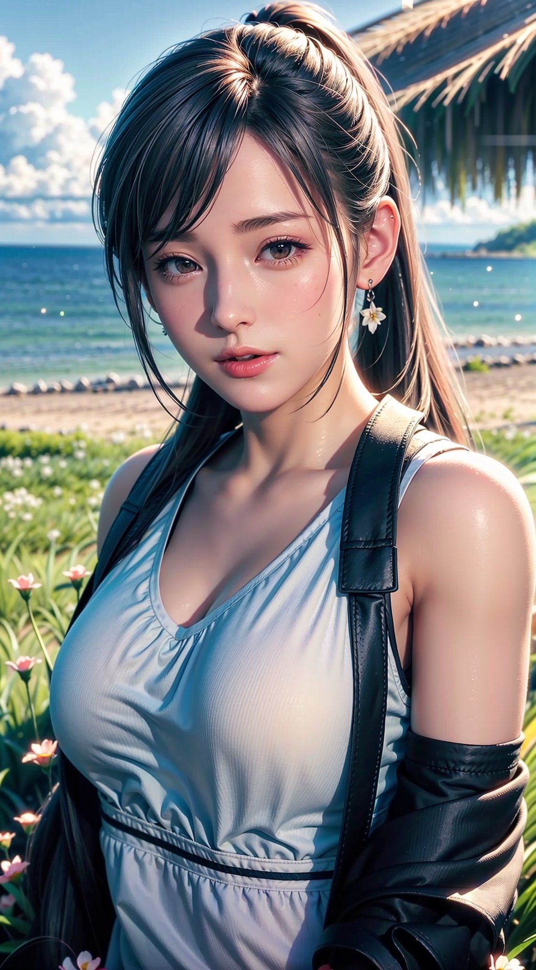 Summer Wallpaper, 1girl long hair, long_ponytail, Grass, Few Flowers, Big Clouds, Blue Sky, seaside, Hot Weather, HD Detail, Moist Watermark, Ultra Detail, Film, Hyper Realism, Soft Light, Deep Focus Bokeh, Ray Tracing, and Hyper Realism, birdview,ftifa