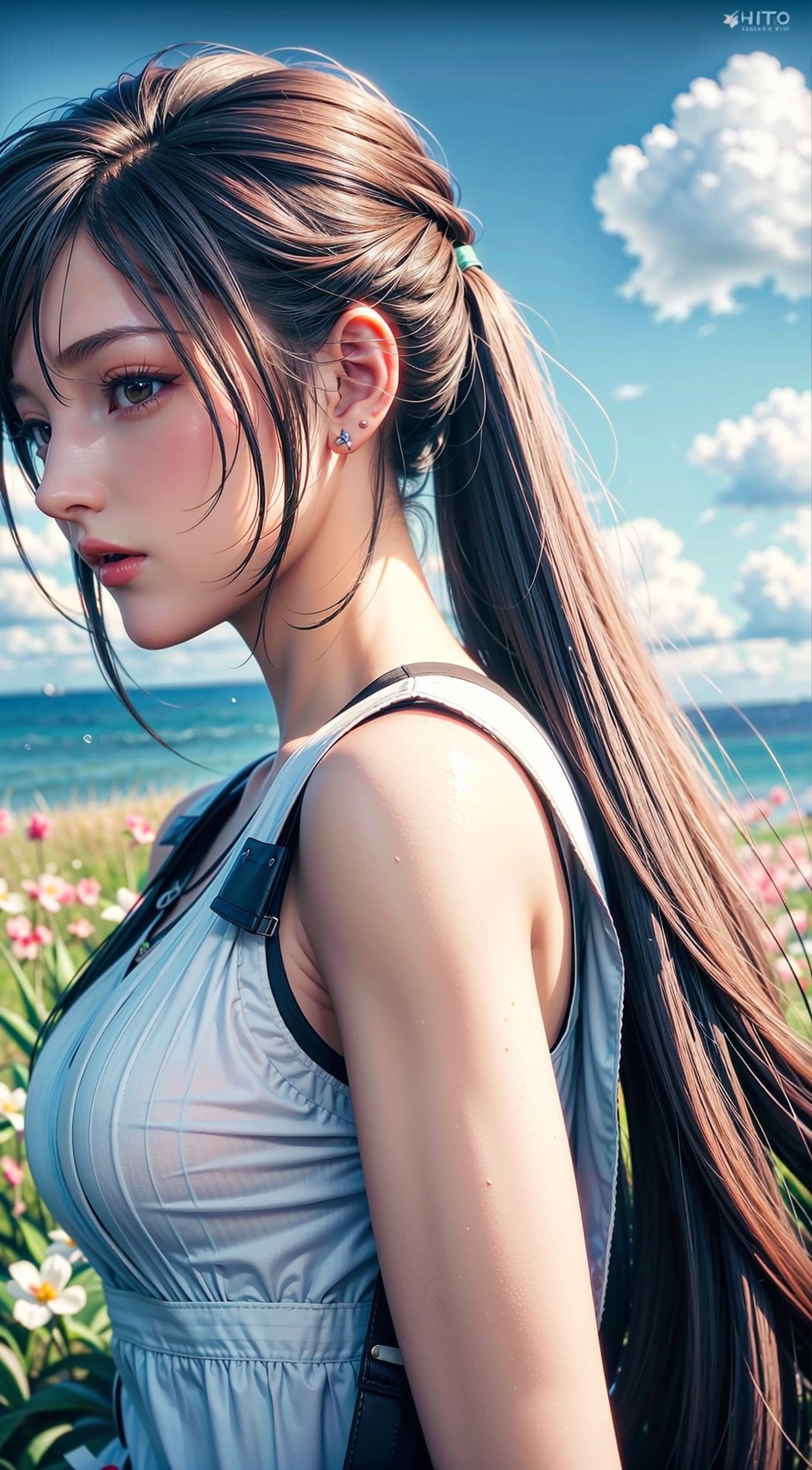 Summer Wallpaper, 1girl long hair, long_ponytail, Grass, Few Flowers, Big Clouds, Blue Sky, seaside, Hot Weather, HD Detail, Moist Watermark, Ultra Detail, Film, Hyper Realism, Soft Light, Deep Focus Bokeh, Ray Tracing, and Hyper Realism, birdview,ftifa