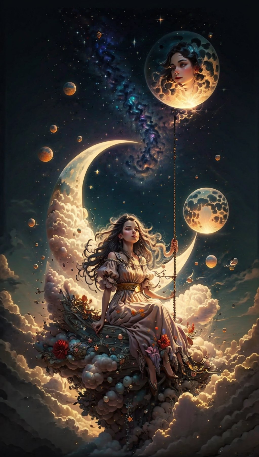 blue eyes, black hair,very long hair,white bodycon clasical dress,red flower prints,focus 1girl,focus face,look at viewer,beautiful face ,  in park, cloudy, starry sky, milky way, sunset, high quality, highres,high detailed,high detailed face , masterpiece,8k, epic,dust particles,sitting moon,Circle,wings,EpicArt,