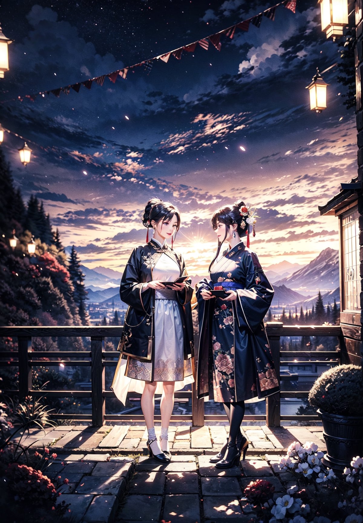2 girl standing in a garden on a mountain,flowy short dress,lace,ornate details,big detailed eyes looking at viewers,hair ornament,floral arrangement,lanterns,4k ,windy,photorealistic,depth of field,highly detailed,quju,hanfu,shoes,kirara /(genshin impact/), playfull, happy, 2girls, fullmoon, ,goyounjung