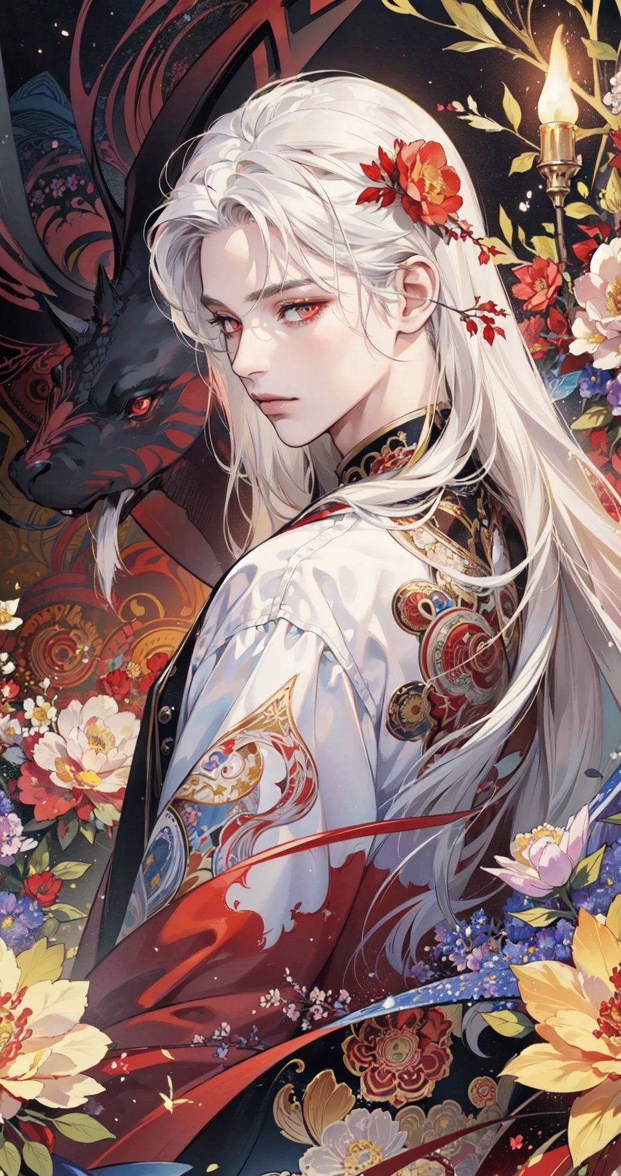 Realistic, (Masterpiece, Top Quality, Best Quality, Official Art, Beauty and Aesthetics: 1.2), Very Detailed, Fractal Art, Colorful, Most Detailed, Zentangle, (Abstract Background: 1.5) (1boy: 1.3), Long White Hair, (Glowing Red Eyes), Mysterious, (Magic), Ice, ((Flowers on the Other Side)), Yellow Spring, 