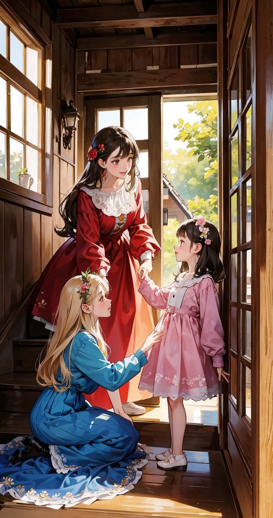 This image depicts two girls and a dog playing in front of a small wooden house in the forest. The girls are sisters and the dog is their pet. The girls are wearing colorful clothes. The older sister is wearing a red dress and a white lace cardigan. The younger sister is wearing a blue skirt and a yellow blouse. The dog has brown fur with white spots and a collar with a bell. 
BREAK 
The girls are making decorations with flowers, leaves and fruits on the stairs of the house. The older sister is making a flower crown for the younger sister. The younger sister is smiling and reaching out. The dog is playing with a branch under the stairs. The dog looks happy too. 
BREAK 
The house has round windows and doors and green moss on the roof. Inside the house, there are books, toys and paintings. Around the house, there are various types of flowers and trees. The flowers are red, pink, white, purple and other colors. The trees are tall and lush. The sky is blue with white clouds. The sunlight is shining through the trees. 
BREAK 
This image expresses a happy day of the girls and the dog living in harmony with nature. The image is bright and colorful and has a warm feeling. The image gives the viewer a sense of healing and peace. 