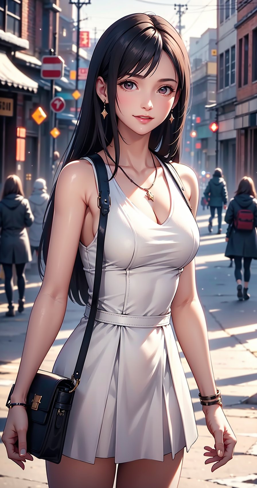 Beautiful and delicate light, (beautiful and delicate eyes), pale skin, big smile, brown eyes, black brown long hair, dreamy, c cup chest, 2000s (style), front shot, Asian girl, bangs, soft expression, height 170, elegance, bright smile, 8k art photo, realistic concept art, realistic, portrait, necklace, small earrings, handbag, fantasy, jewelry, shyness,  white_shirt, one piece dress, snowy street, footprints, stars_(sky), night_sky, ,JeeSoo 