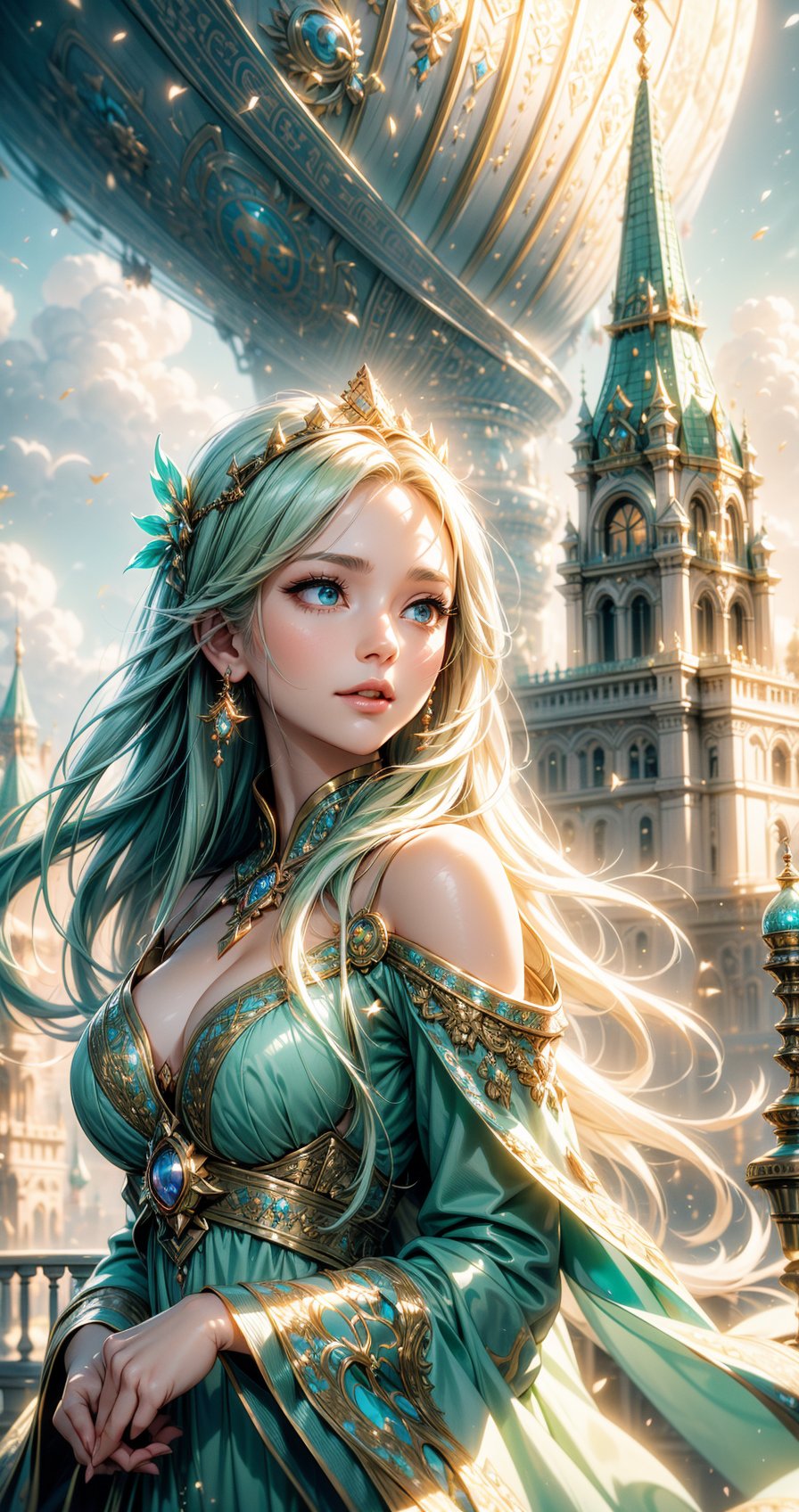 ((serene girl)) A city on clouds, with flowing hair,detailed face, detailed eyes, detailed hands, vivid and lively surroundings, tall and elegant buildings, airships in the sky, enchanting gardens, calm and tranquil mood, magical atmosphere, benevolent deity's reign over a sky kingdom, inhabitants living harmoniously with nature, distinct and beautiful architectural style, breathtaking landscape.