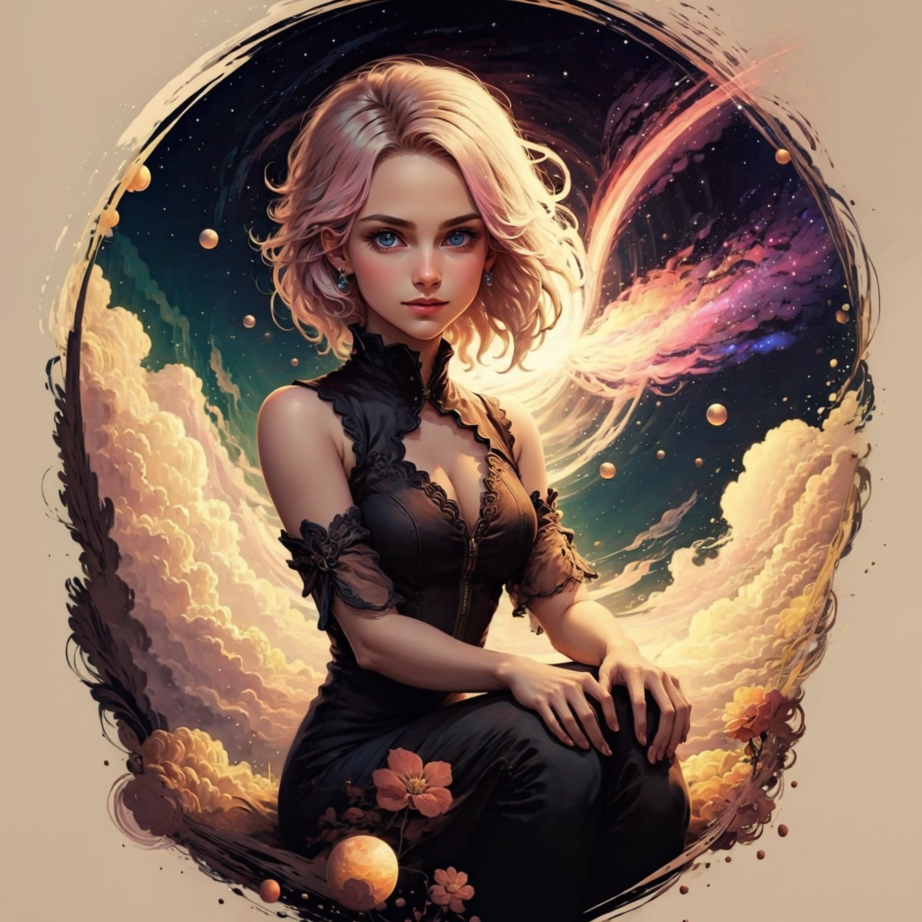 (1 girl), blue eyes, pink hair, long hair,black bodycon clasical dress,red flower prints,focus 1girl,focus face,look at viewer,beautiful face ,  in park, cloudy, starry sky, milky way, sunset, high quality, highres,high detailed,high detailed face , masterpiece,8k, epic,dust particles,sitting moon,Circle,wings,EpicArt,