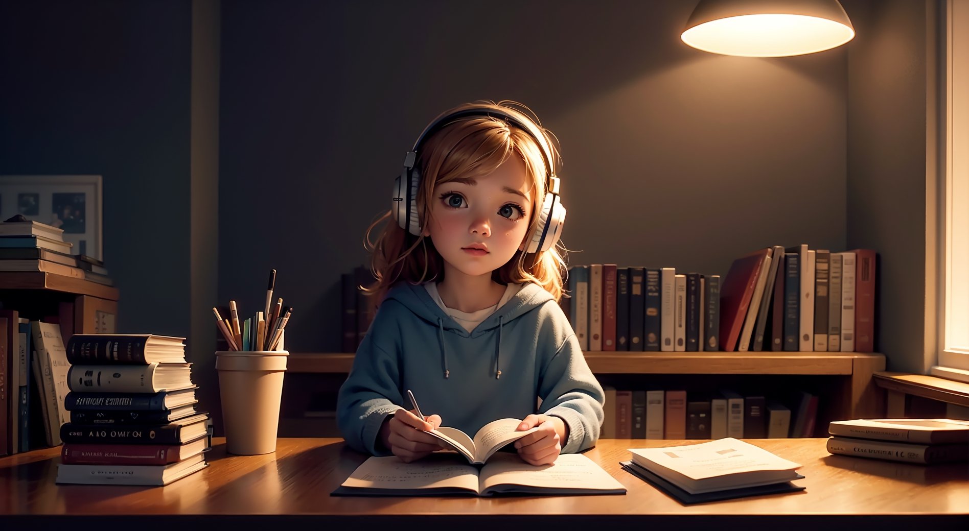 fine art, digital painting, amazing sky, pixar style,
.
25 years old girl, reading book, Wear headphones, aesthetic, digital illustration, soft colors, minimalistic, cozy room, bookshelves, desk cluttered with papers, cup of coffee, potted plant, melancholic atmosphere, night lights, side view,
.
cute, storybook detailed llustration, cinematic, ultra highly detailed, tiny details, beautiful details, vibrant colors