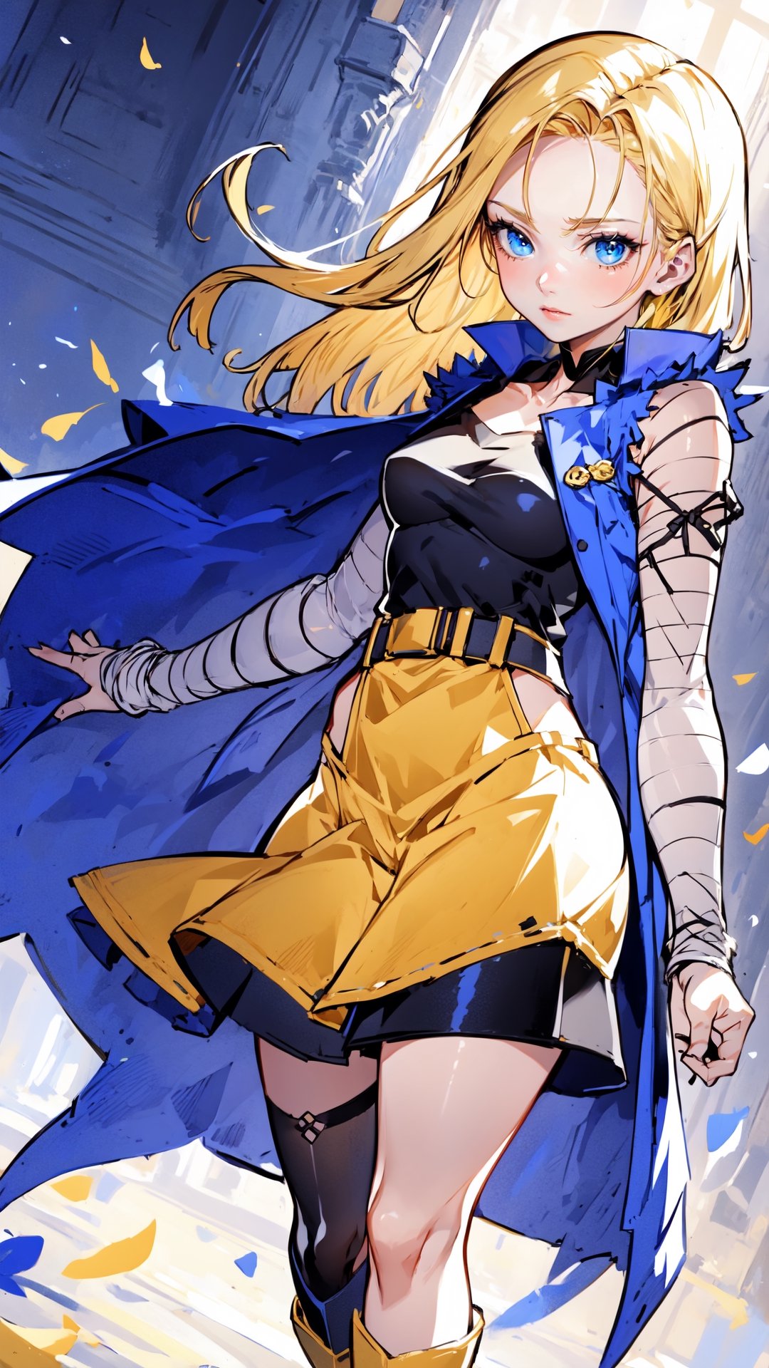 Anime,Alice, anime style, blue eyes, dark Green dress with a karset, white small skirt, black green sleeves, black green glove on the right hand, Gold bows on the forearms, long black boots ending with royal trims, yellow with blue stones tied, blond hair, yellow coat, stetson with black and yellow roses,n_2b,asian girl,long skirt,high_school_girl,Android_18_DB