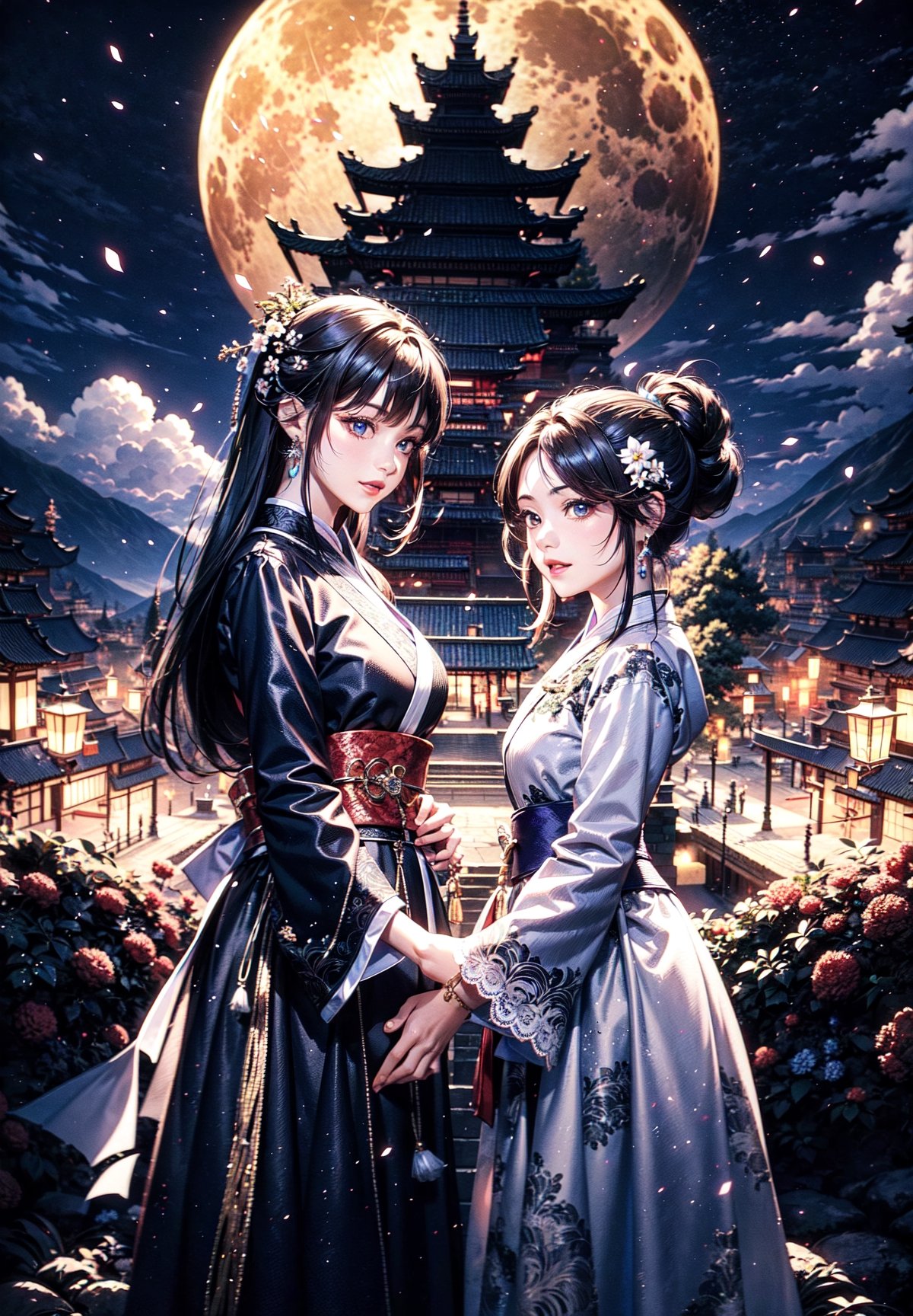 2 girl standing in a garden on a mountain,flowy short dress,lace,ornate details,big detailed eyes looking at viewers,hair ornament,floral arrangement,lanterns,4k ,windy,photorealistic,depth of field,highly detailed,quju,hanfu,shoes,kirara /(genshin impact/), playfull, happy, 2girls, fullmoon, ,goyounjung