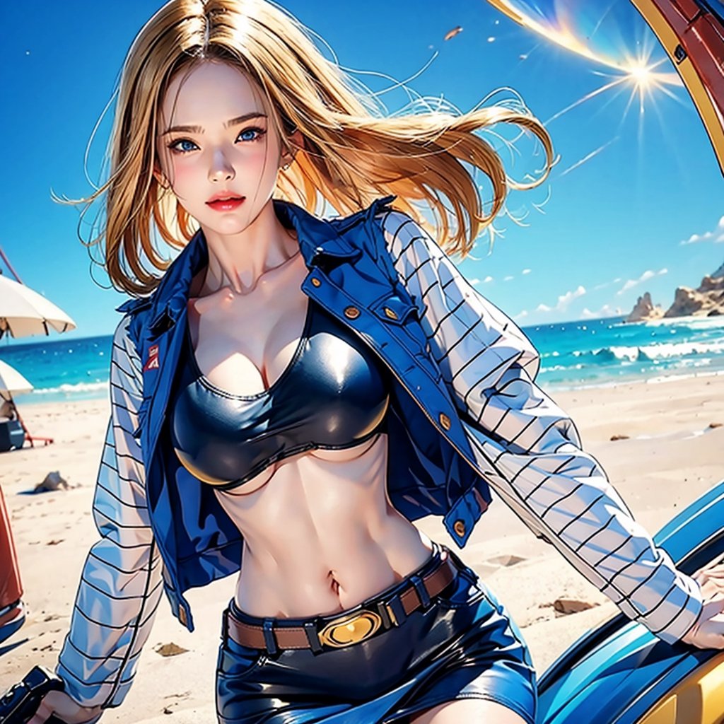 android 18,1girl, blush, side-tie_bikini, full_face, jacket
