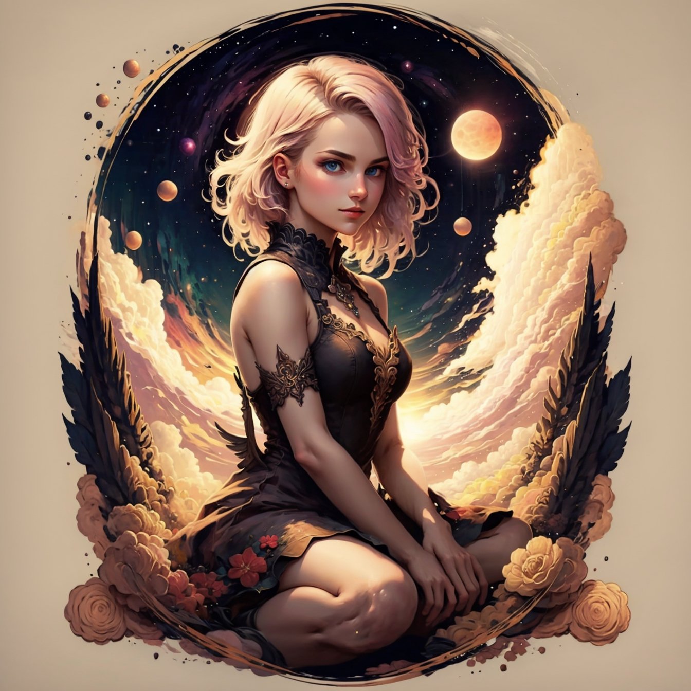 (1 girl), blue eyes, pink hair, long hair,black bodycon clasical dress,red flower prints,focus 1girl,focus face,look at viewer,beautiful face ,  in park, cloudy, starry sky, milky way, sunset, high quality, highres,high detailed,high detailed face , masterpiece,8k, epic,dust particles,sitting moon,Circle,wings,EpicArt,