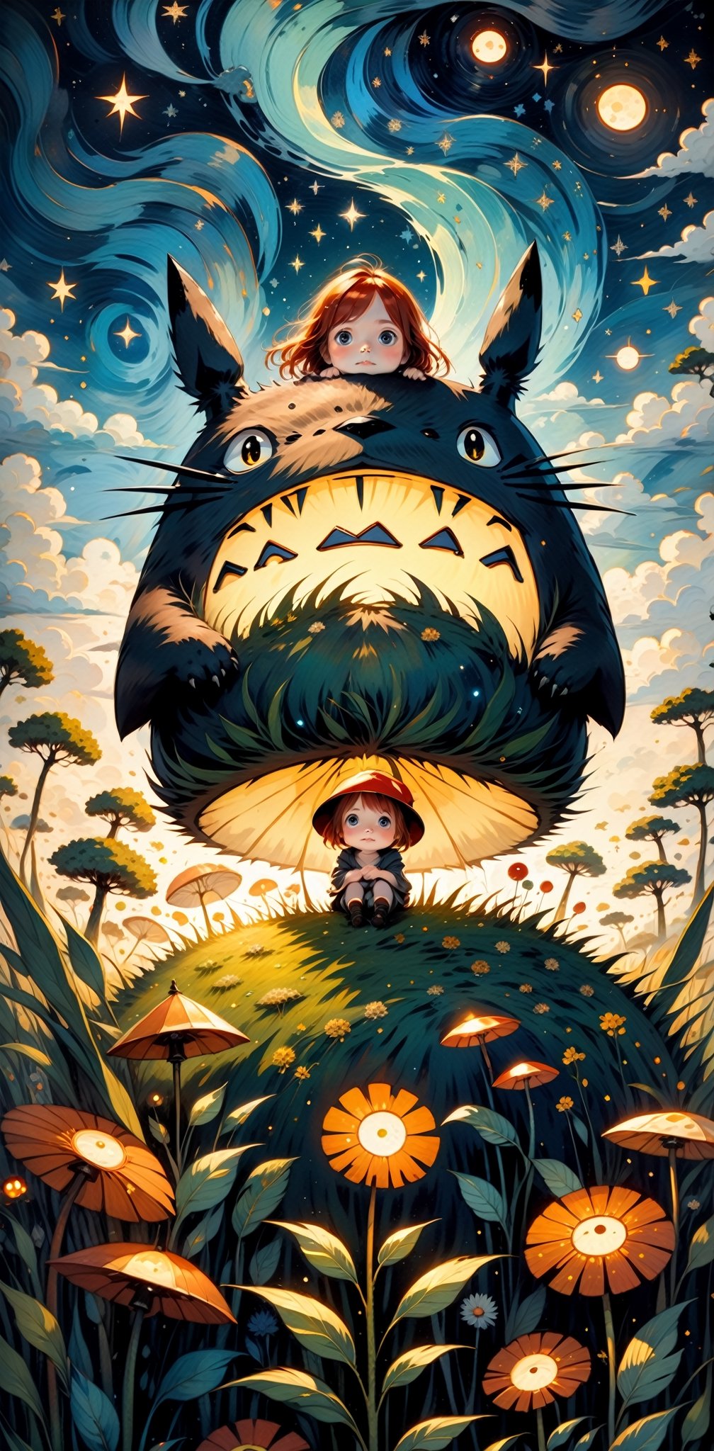 fine art,  oil painting, 
.
two parts in one art, double exposure, best quality, dark tales,   close up cute tiny ginger-haired girl and big detailed  Totoro  in a rye field under Van Gogh starry sky,  
.
forest, detailed face, big eyes Craola, D
.
an Mumford, Andy Kehoe, 2d, flat, cute, adorable, vintage, art on a cracked paper, fairytale, storybook detailed illustration, cinematic, ultra highly detailed, tiny details, beautiful details, mystical, luminism, vibrant colors, complex background,more detail XL,girl