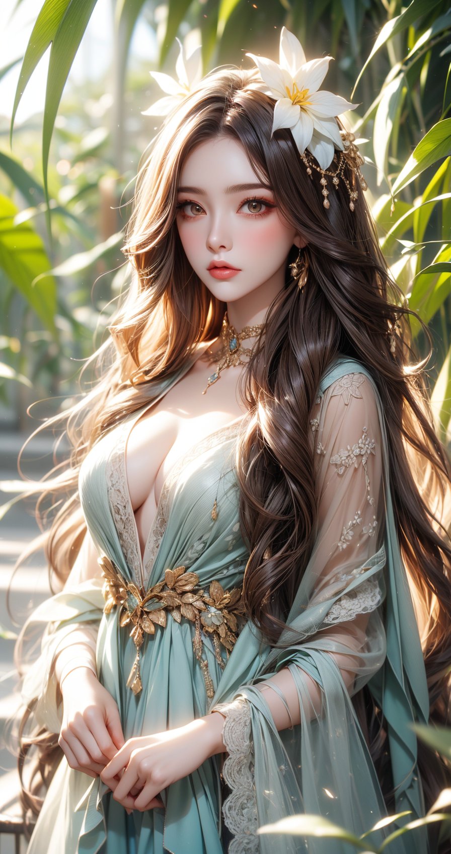 Create an artwork of a person with long, flowing hair intertwined with an array of white and orange flowers, wearing a garment that harmonizes with the botanical surroundings. The overall atmosphere should evoke an ethereal and dreamlike essence. 



 