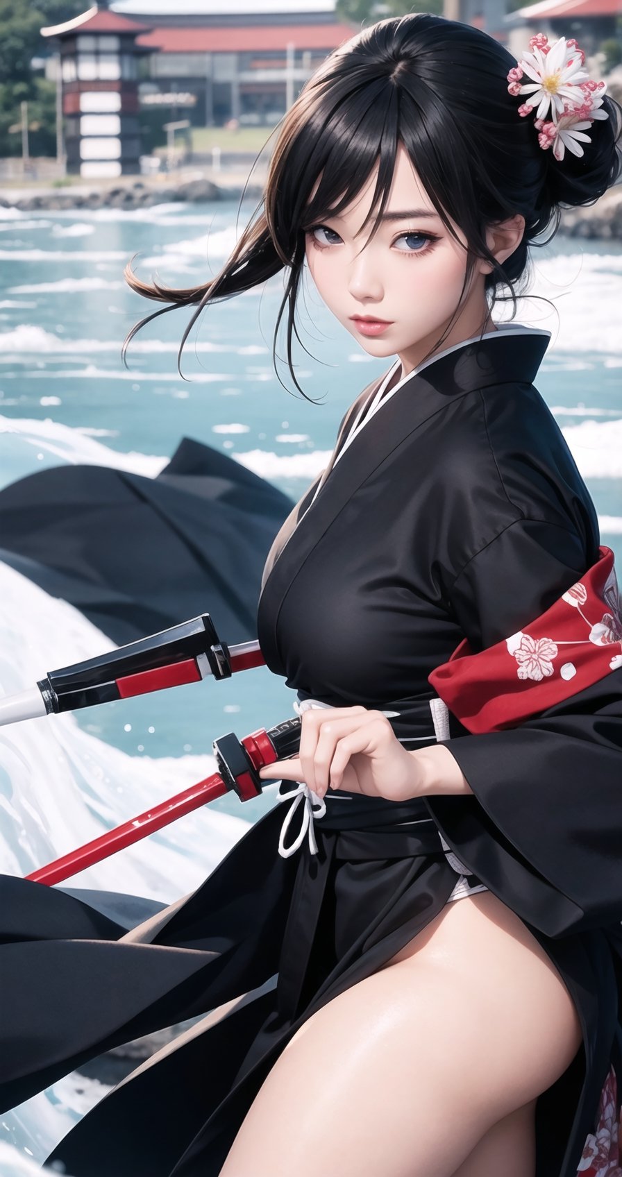 thick outlines, comics, photorealistic, 1girl, solo, ice, kuchiki_rukia, black kimono, japanese town, detailed background, detailed face, detailed eyes, ,kuchikirukia,kuchiki_rukia