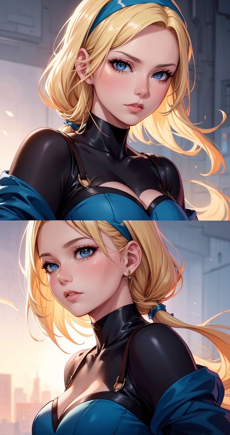 a close up of a woman in a blue dress with a white headband, artwork in the style of guweiz, ig model | artgerm, extremely detailed artgerm, hyper realistic anime, soft portrait shot 8 k, artgerm. anime illustration, in the art style of bowater, blonde - haired princess, 8k artgerm bokeh