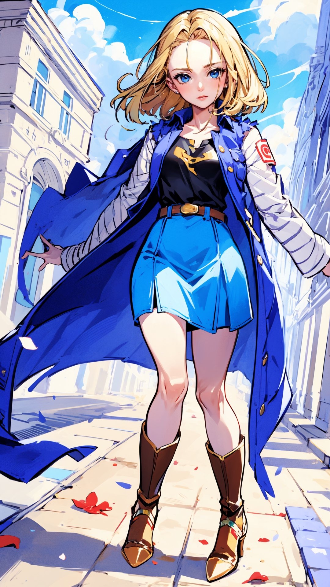 Anime,Alice, anime style, blue eyes, dark Green dress with a karset, white small skirt, black green sleeves, black green glove on the right hand, Gold bows on the forearms, long black boots ending with royal trims, yellow with blue stones tied, blond hair, yellow coat, stetson with black and yellow roses,n_2b,asian girl,long skirt,high_school_girl,Android_18_DB