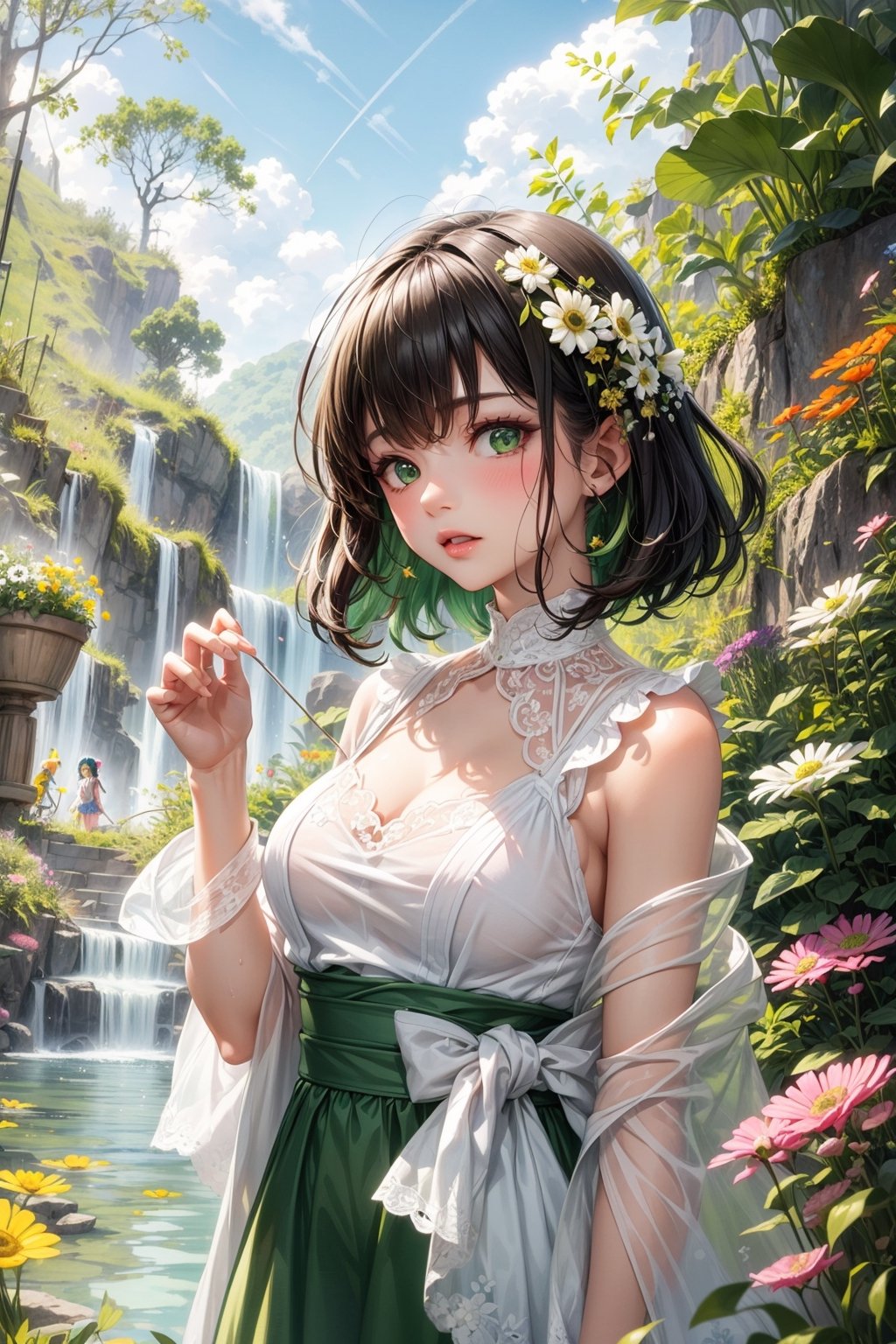 Watercolor painting, (Beautifully Aesthetic:1.2), (1girl:1.3), (colorful hair,  green/dark hair:1.2), clear water with reflection, natta, colorful, (green Lace transparent:1.2),

20-year-old girl, fairy princess, green clothes, nature clothes, nature panorama, sweet, beauty gril,

Orange and yellow anemone flowers bloom around, Anemone blooming on the head, art by mugen_ngk,High detailed ,kaede,FFIXBG