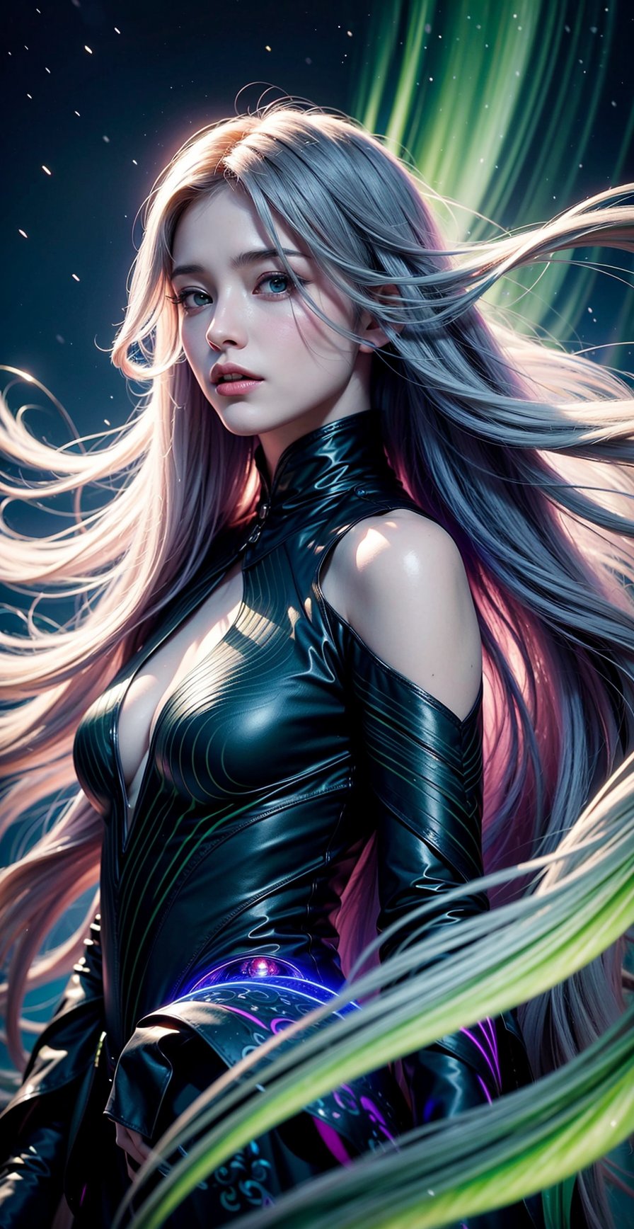 a female character with long, flowing hair that appears to be made of ethereal, swirling patterns resembling the Northern Lights or Aurora Borealis. The background is dominated by deep blues and purples, creating a mysterious and dramatic atmosphere. The character's face is serene, with pale skin and striking features. She wears a dark-colored outfit with subtle patterns. The overall style of the artwork is reminiscent of fantasy or supernatural genres