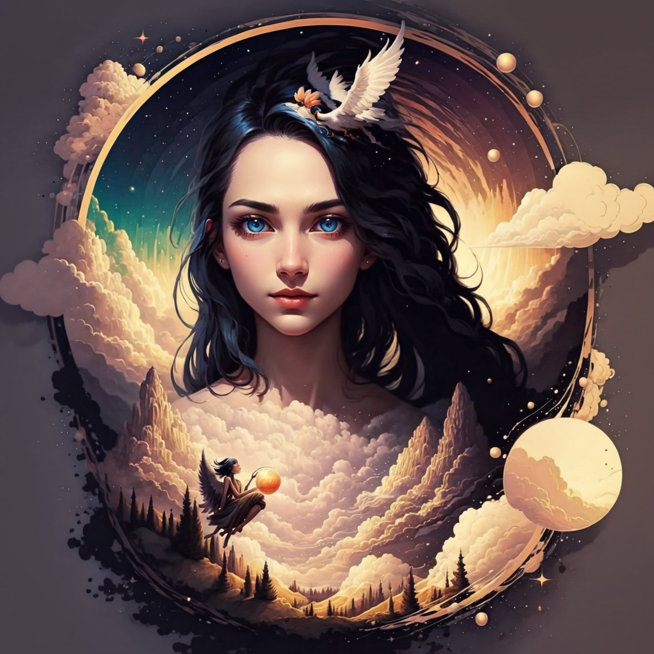 (1 girl), blue eyes, black hair,very long hair,white bodycon clasical dress,red flower prints,focus 1girl,focus face,look at viewer,beautiful face ,  in park, cloudy, starry sky, milky way, sunset, high quality, highres,high detailed,high detailed face , masterpiece,8k, epic,dust particles,sitting moon,Circle,wings,EpicArt,