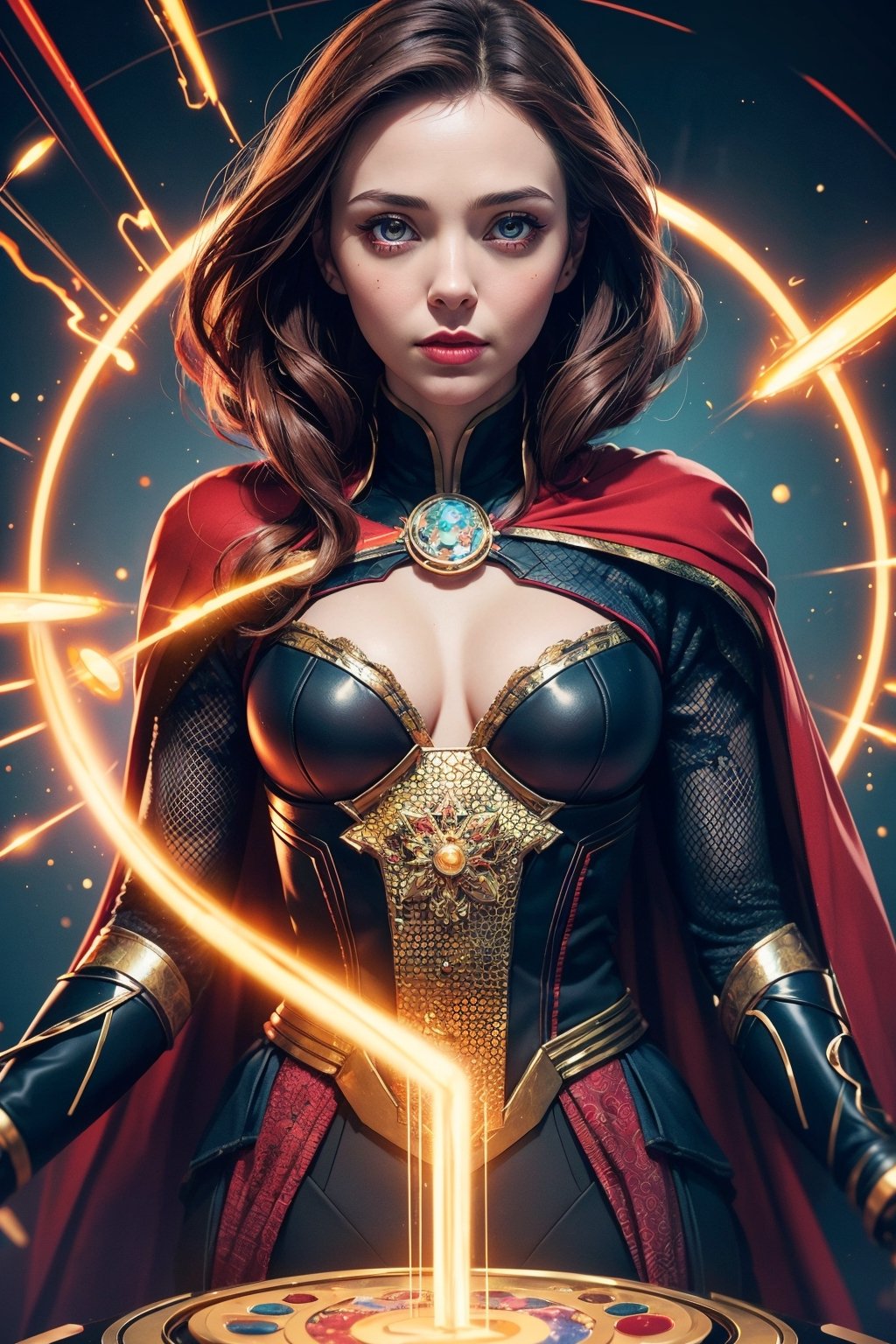 masterpiece, best quality, 1girl, (glowing red iris and pupils), upper body, splashing, abstract, psychedelic, neon, (honeycomb pattern), (creative:1.3), sy3, SMM, fantasy00d, hands behind back, (scarlett witch), (doctor strange attire)