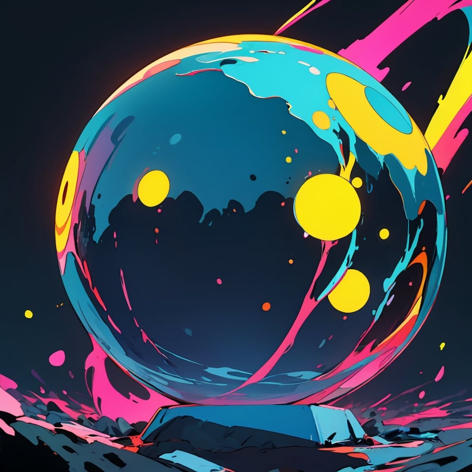 (best quality,  masterpiece), spherical planet, a dark and vibrant color palette, neon color style.