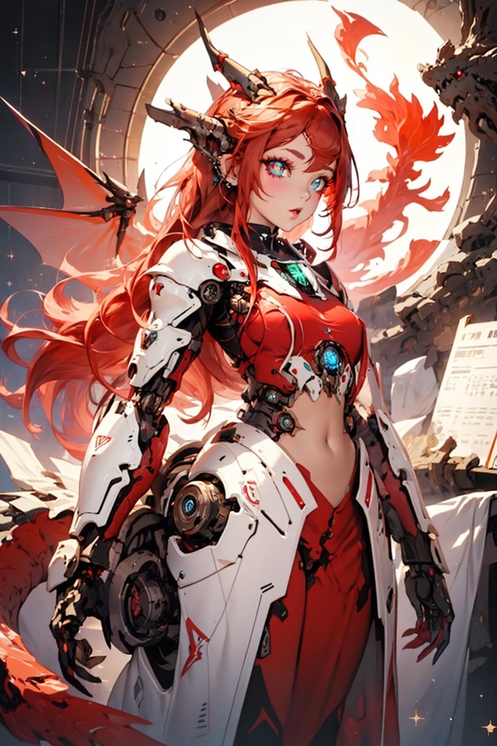 2.5D drawing, A sexy 15-year-old dragon girl , (Beautiful detailed eyes, jewel-like eyes, sparkling eyes: 1.5),(Glowing mechanical body1.5),(glows Mecha body that fluorescent red and white:1.3),(cowboy shot:1.5),((Fluorescent red hair :1.5)), (outer space),lightshow, (visual art, abstract:1.2), fantasy, (photorealistic:1.3), (intricate details:1.5), shallow depth of field, bokeh, Digital illustration, Fantasy,AgoonGirl,1 girl,goddess_advent,Science Fiction,dragon ear