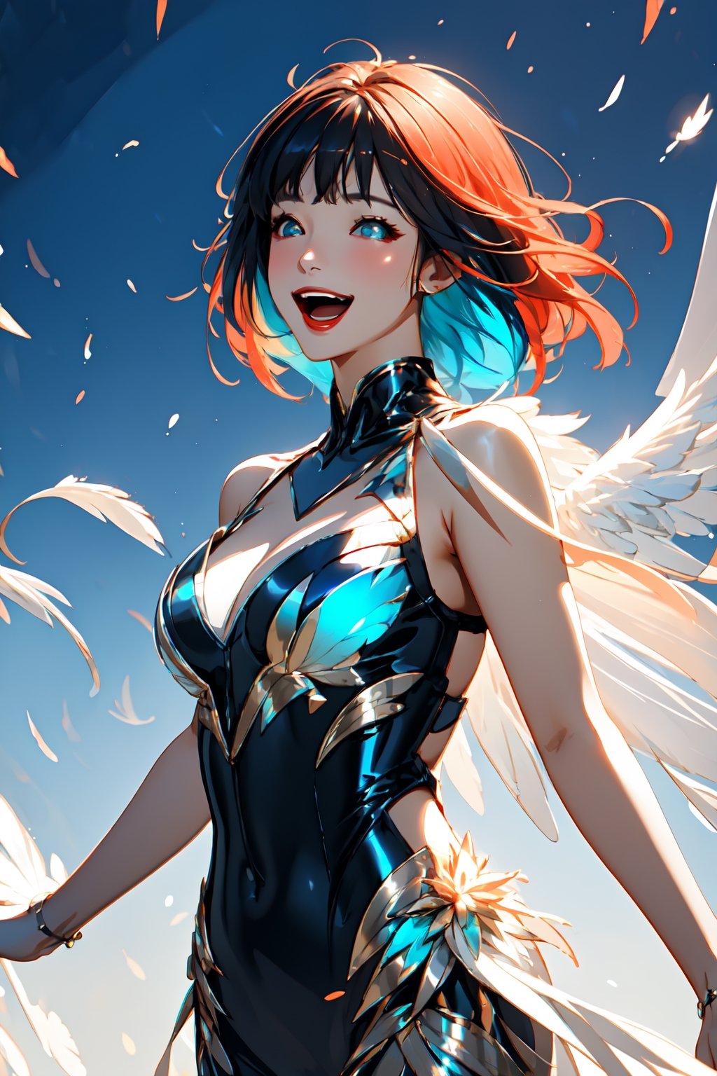 (Very beautiful cute girl like an angel), Beautiful detailed eyes, Detailed double eyelids, (Cute eyes,sleepy eyes,), Short detailed hair See-through bangs, Breasts sharp focus, Beautiful detailed face and eyes, Droopy eyes, BREAK (Super Gloss Metallic Coral Aqua Transparent Holographic Suit: 1.5), (Super Tight Fit Holographic Suit, Super Reflective Surface: 1.5), (Super Tight Fit Holographic Suit: 1.5), (Super Reflective Holographic Suit: 1.5) , (Standing height: 1.5), Small nose, (Busty chest: 1.3), (Open mouth and sleepy eyes smiling happily: 1.5), Permanent, ((fluorescent multicolored hair:1.5) and short details) ), Beautiful legs, (Best quality: 1.2), Raw photo, High resolution, Perfect details, Professional photography, Professional lighting, Strong lighting on the bodysuit, Outdoor photography, Long legs,phaser_dancing