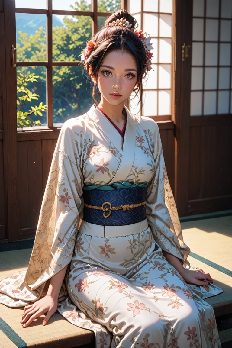 score_9, score_8_up, KazamaIroha, realistic  girl, a beautiful girl, hair ornament, hairband, ponytail, indoors, kimono, hair flower, floral print, wariza, sitting, 