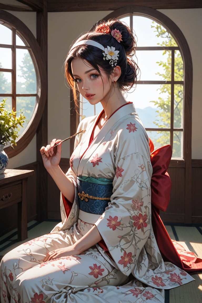 score_9, score_8_up, KazamaIroha, realistic  girl, a beautiful girl, hair ornament, hairband, ponytail, indoors, kimono, hair flower, floral print, wariza, sitting, 