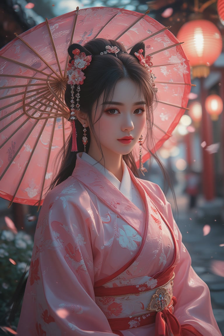 photorealism, (upper body), (portrait:1.2), KOLNB,Hanfu,Eroflo, a woman, beautiful face, pink dress, japanese umbrella, bokeh, Japanese festival street, (nigh street:1.2), depth of field, columns, temple, lanterns.
Best quality, uhd, 8k, hyper detailed,Ahri