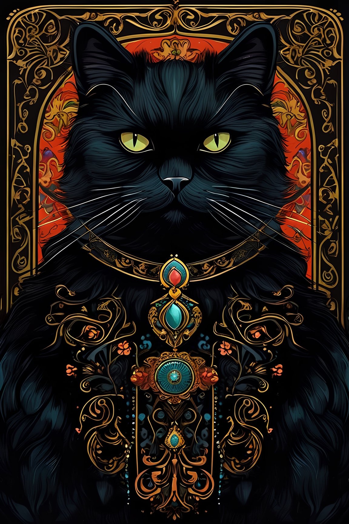 illustration of an gentleman Persian black cat, in the style of Vladimir Matyukhin art, uhd, necropunk, tapestries, wood, fancy vibes, whimsical illustrations