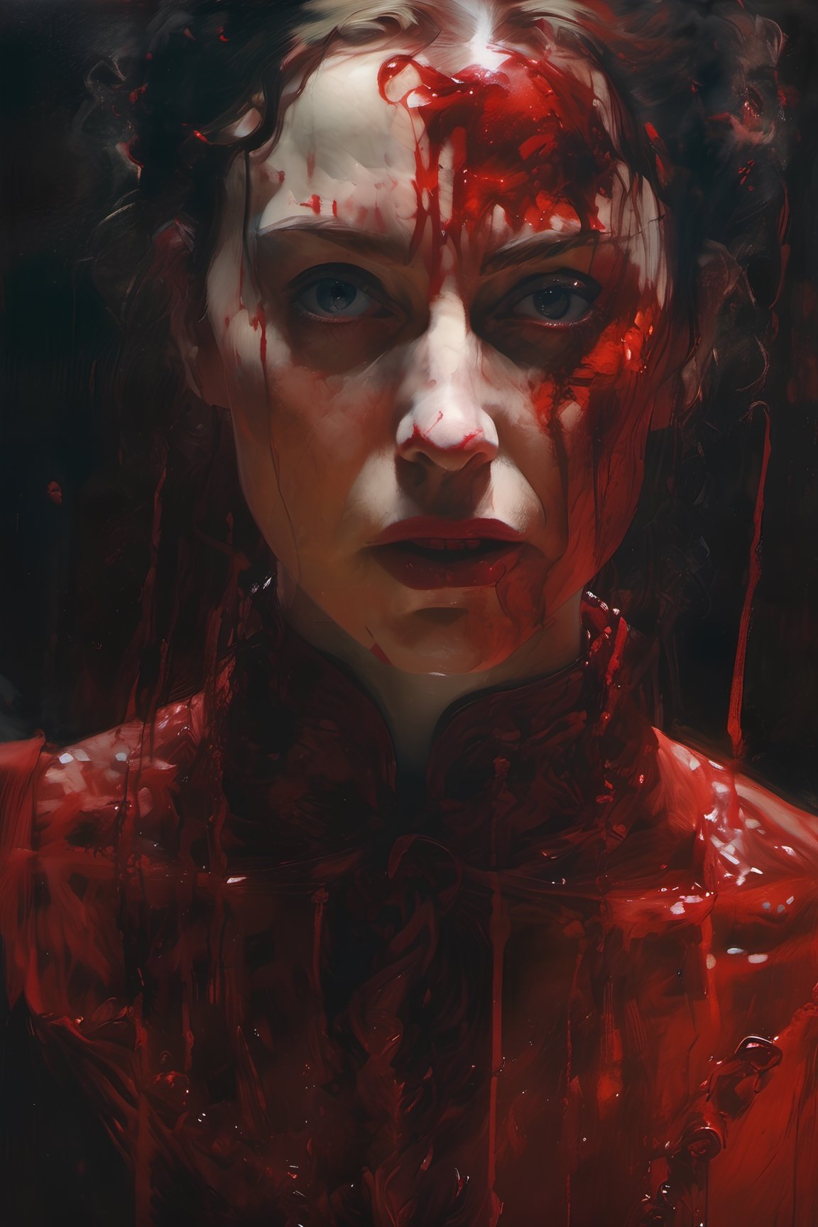 beautiful snarling 17th century Countess of Bathory Stepping into in a pool of red blood, hyper realistic, dramatic lighting, detailed hyperrealism, gothic, dark, low angle, dramatic lighting, 8k, art by Jeremy Mann, art by Agnes Cecile