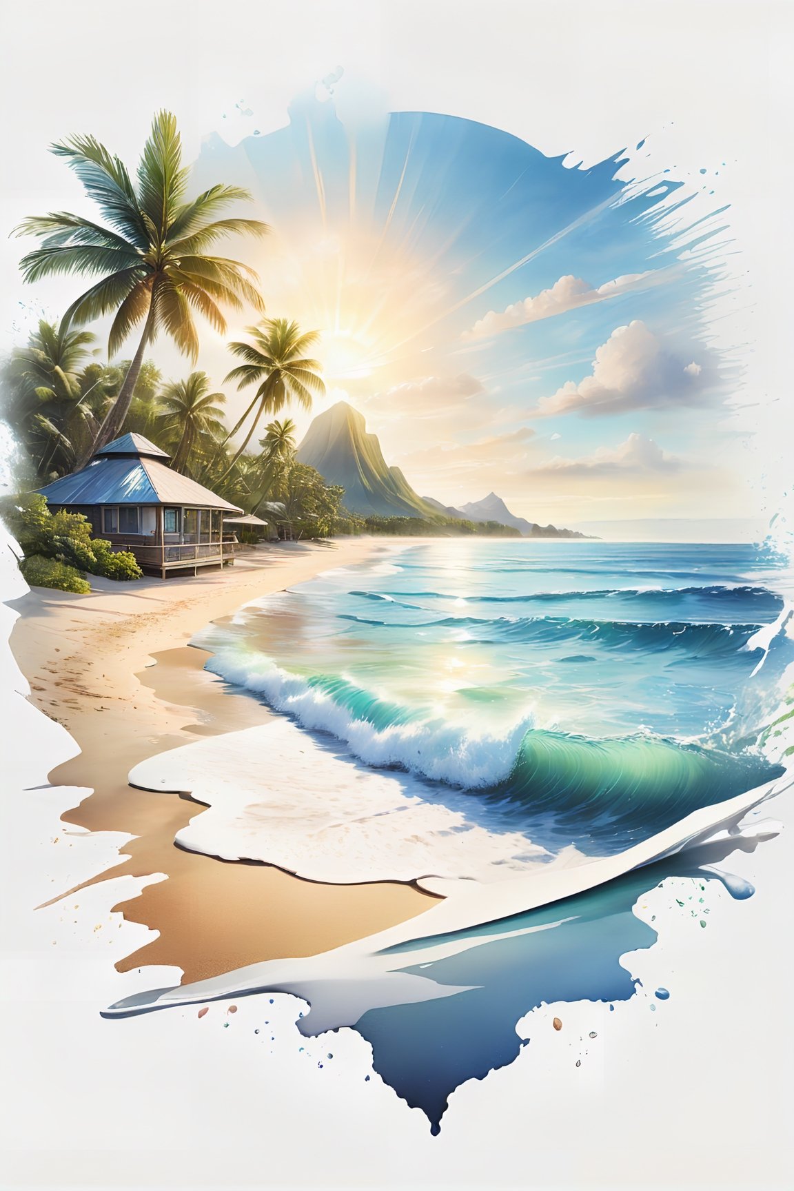 beach scene, vanishing point on white paper, utra realistic photograph portraying a subtle pacific island image, realistic details, watercolor splash art incorporated as complimentary elements, poster, 3d render, photo,tshirt design