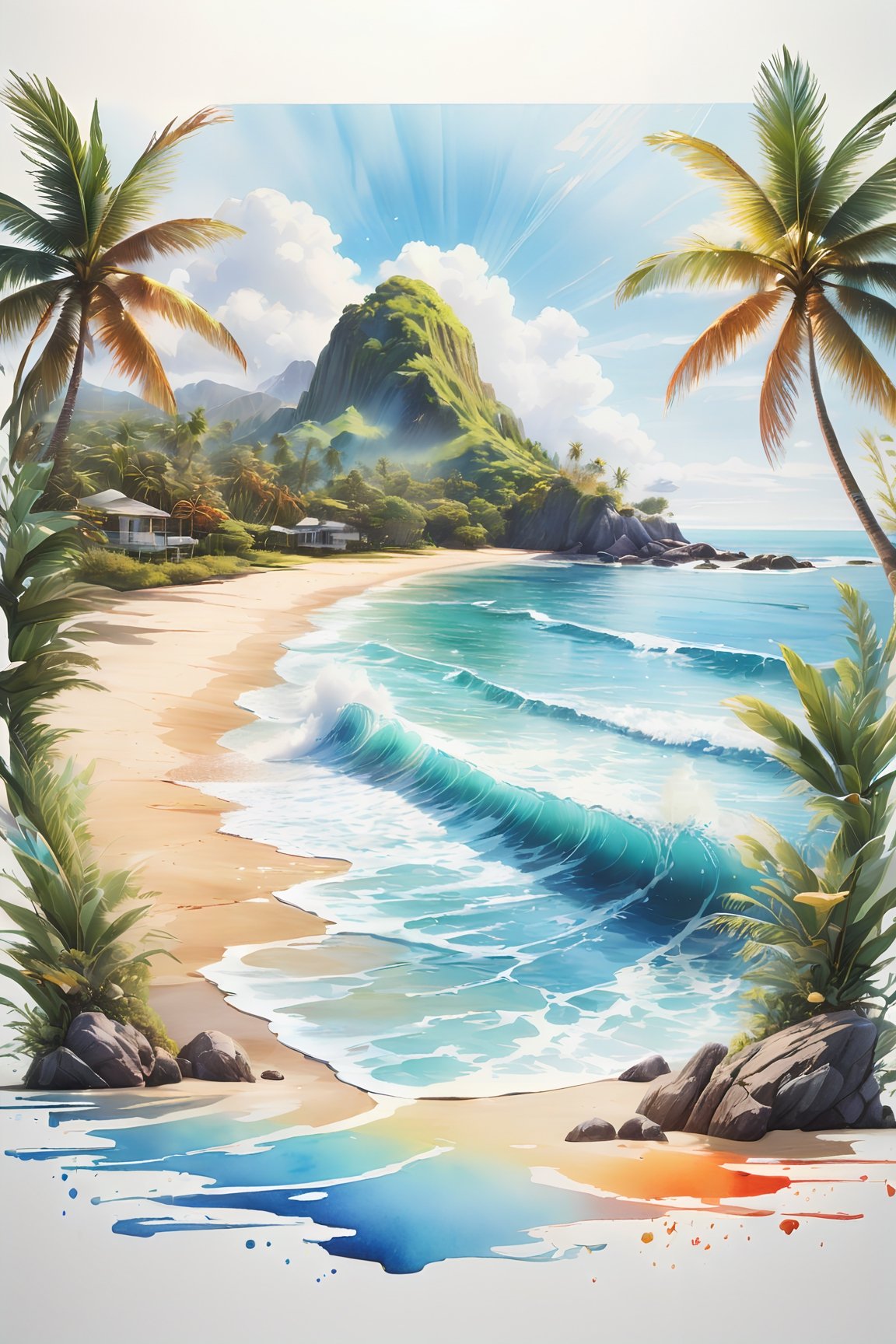 beach scene, vanishing point on white paper, utra realistic photograph portraying a subtle pacific island image, realistic details, watercolor splash art incorporated as complimentary elements, poster, 3d render, photo,tshirt design