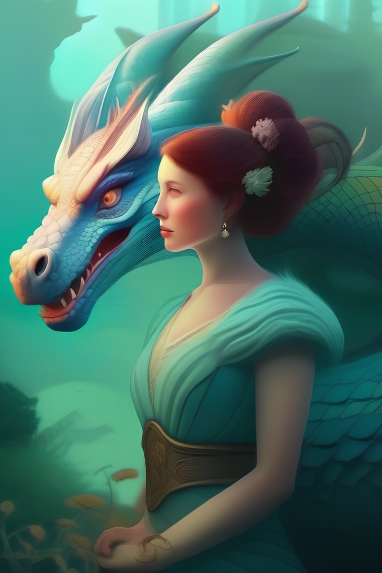 Lady and dragon, by Annie Stegg, cold color palette, digital illustration with a soft rounded style, extremely detailed