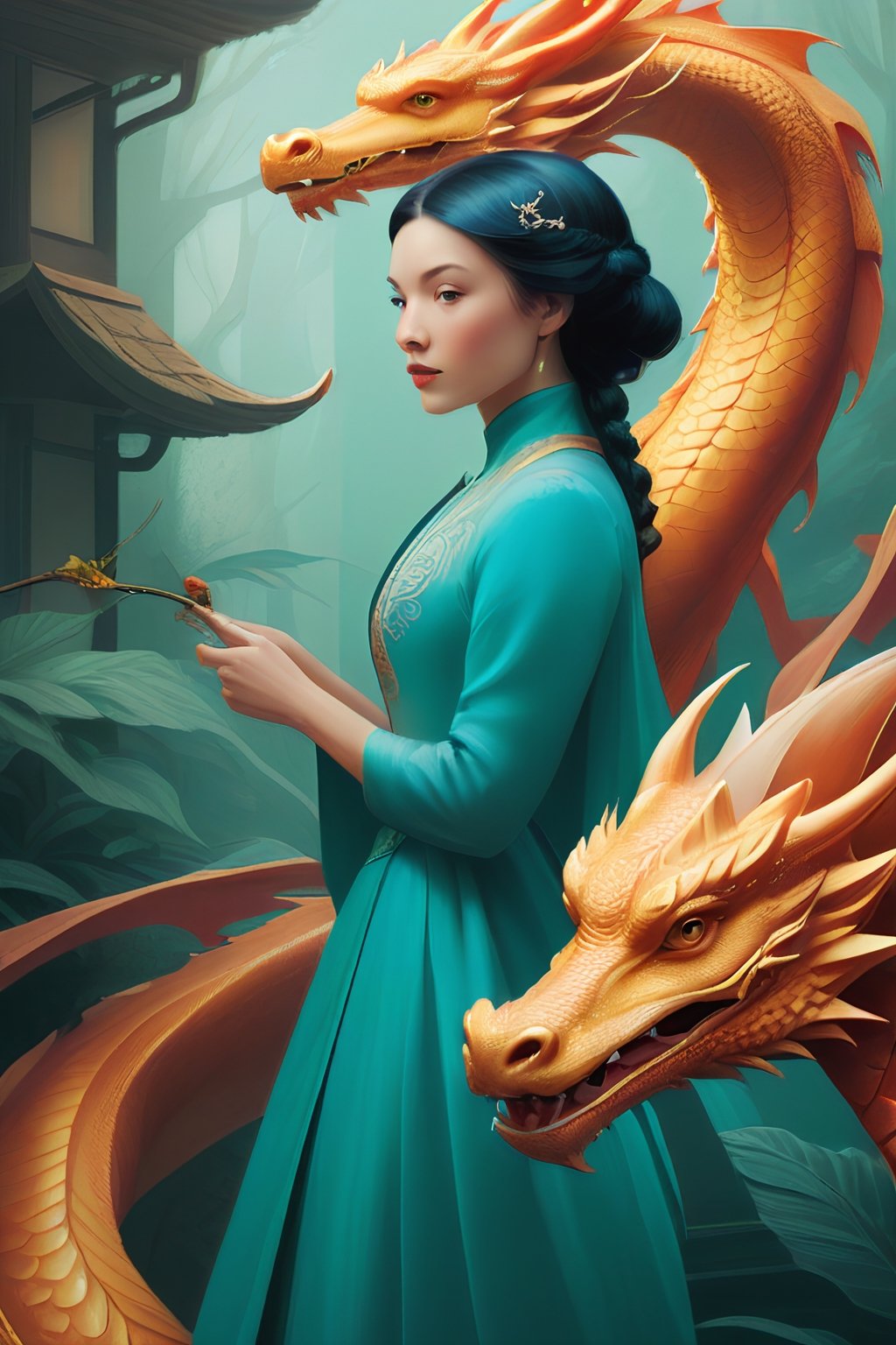 Lady and dragon, by Annie Stegg, cold color palette, digital illustration with a soft rounded style, extremely detailed