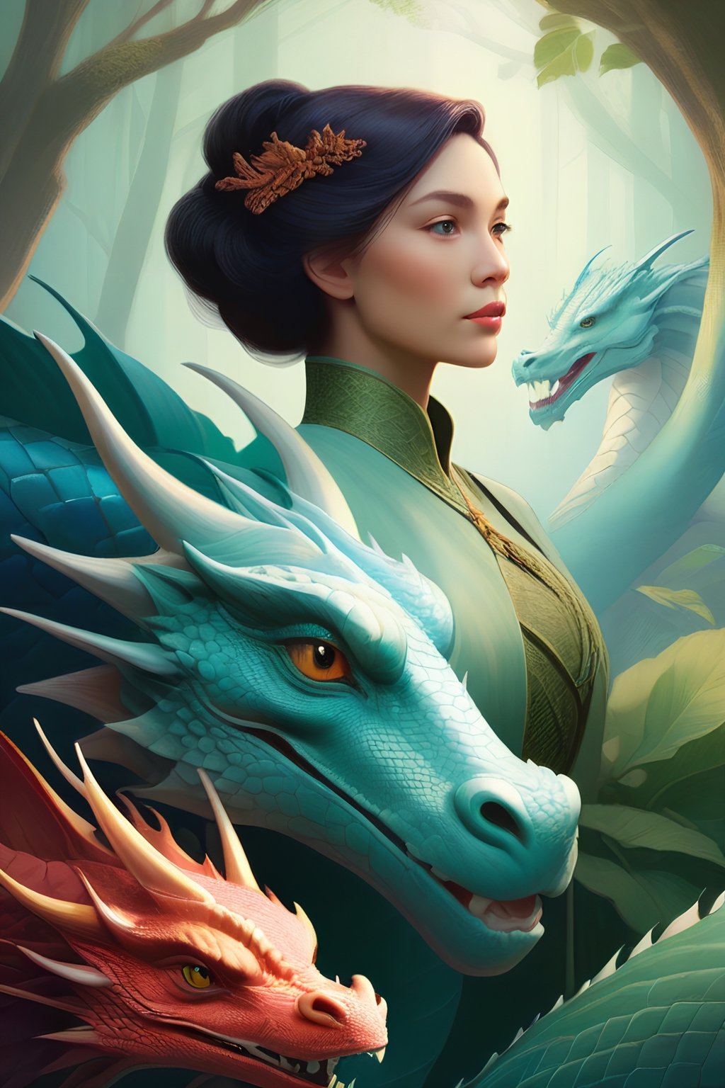 Lady and dragon, by Annie Stegg, cold color palette, digital illustration with a soft rounded style, extremely detailed