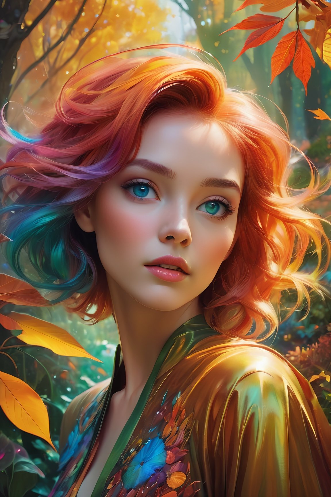 beautiful angle view of Species woman individual from another planet with multicolored hair, beautiful colorful eyes, run in autumn garden, breeze at dawn, alcohol ink painting, psychedelic art by Ross Tran, Antonio J. Manzanedo, Tom Bagshaw, mandy disher, cinematic, 32k, stills from Steven Spielberg epic film, clear focus, hyperrealistic repin artstation painting, detailed character design concept art, matte painting