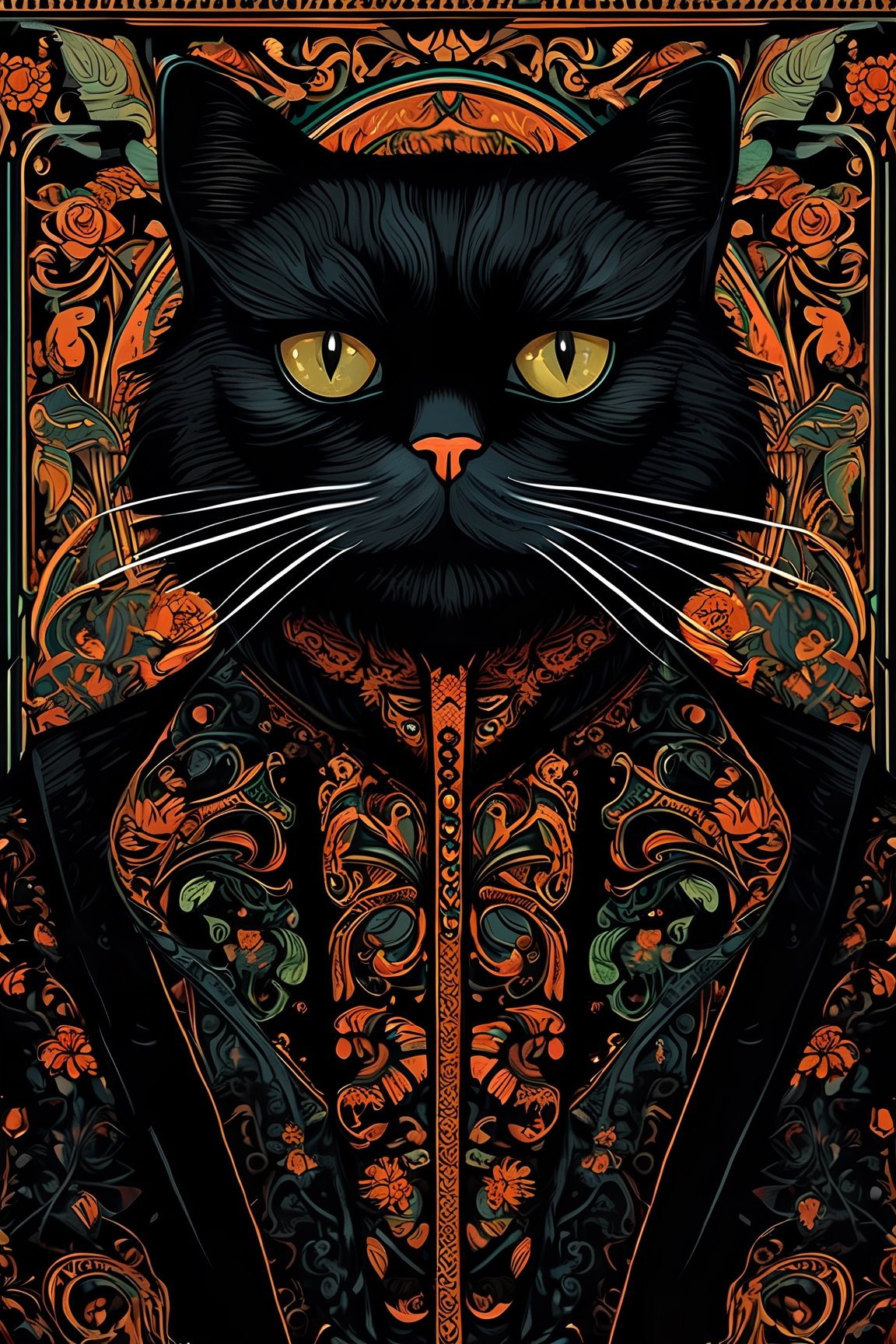 illustration of an gentleman Persian black cat, in the style of Vladimir Matyukhin art, uhd, necropunk, tapestries, wood, fancy vibes, whimsical illustrations