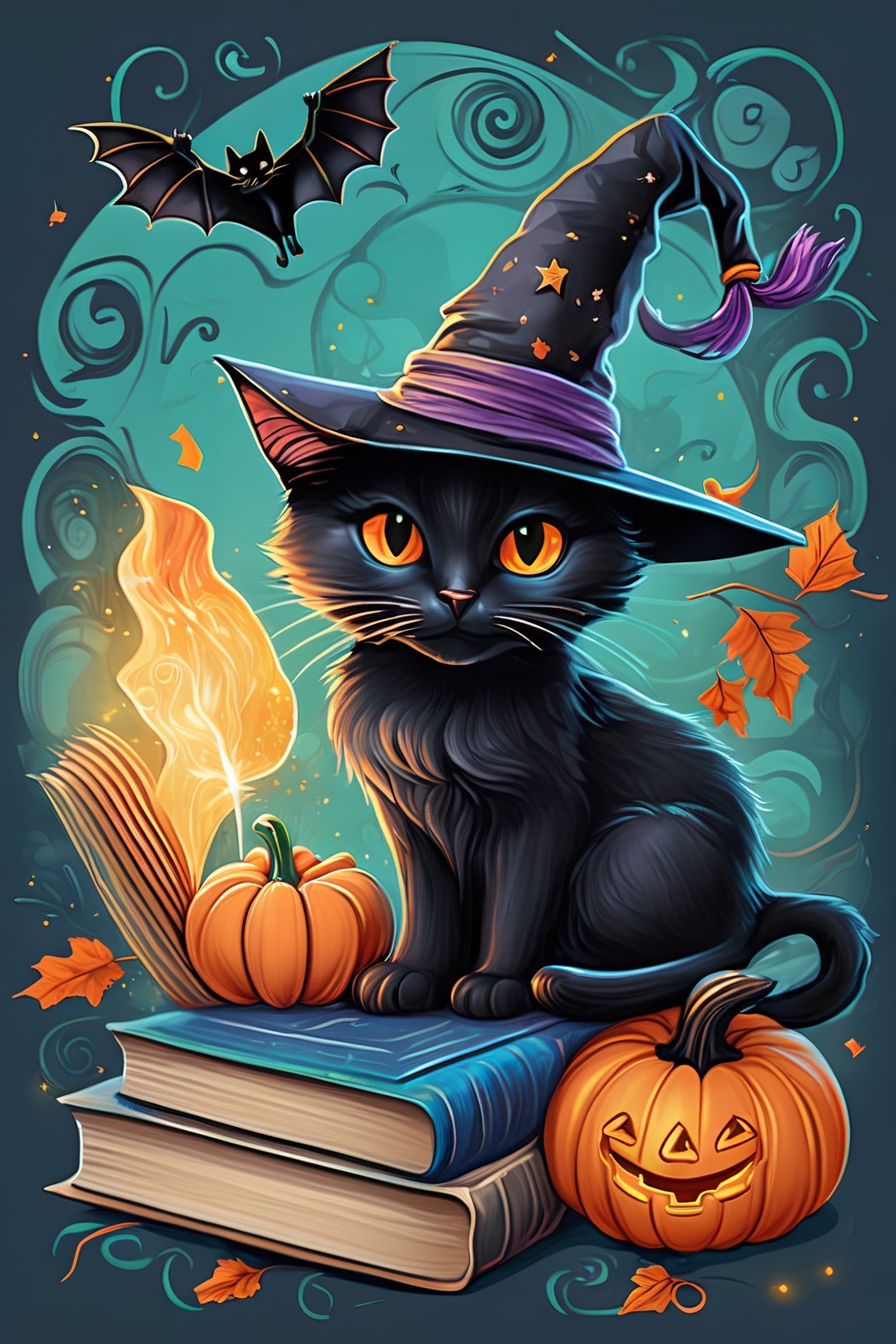 A detailed illustration of a print of a colorful cute black cat rides a broom has orange eyes and it wear witch hat and hold a book and peen next to a cute Halloween Pumpkin, hyper realistic high quality,fantasy swirls splash,cute and quirky, fantasy art,Adobe Illustrator, hand-drawn, digital painting, low-poly, soft lighting, bird's-eye view,retro aesthetic, focusedon the character, 4K resolution,art by Nelson Alexander Ross, masterpiece