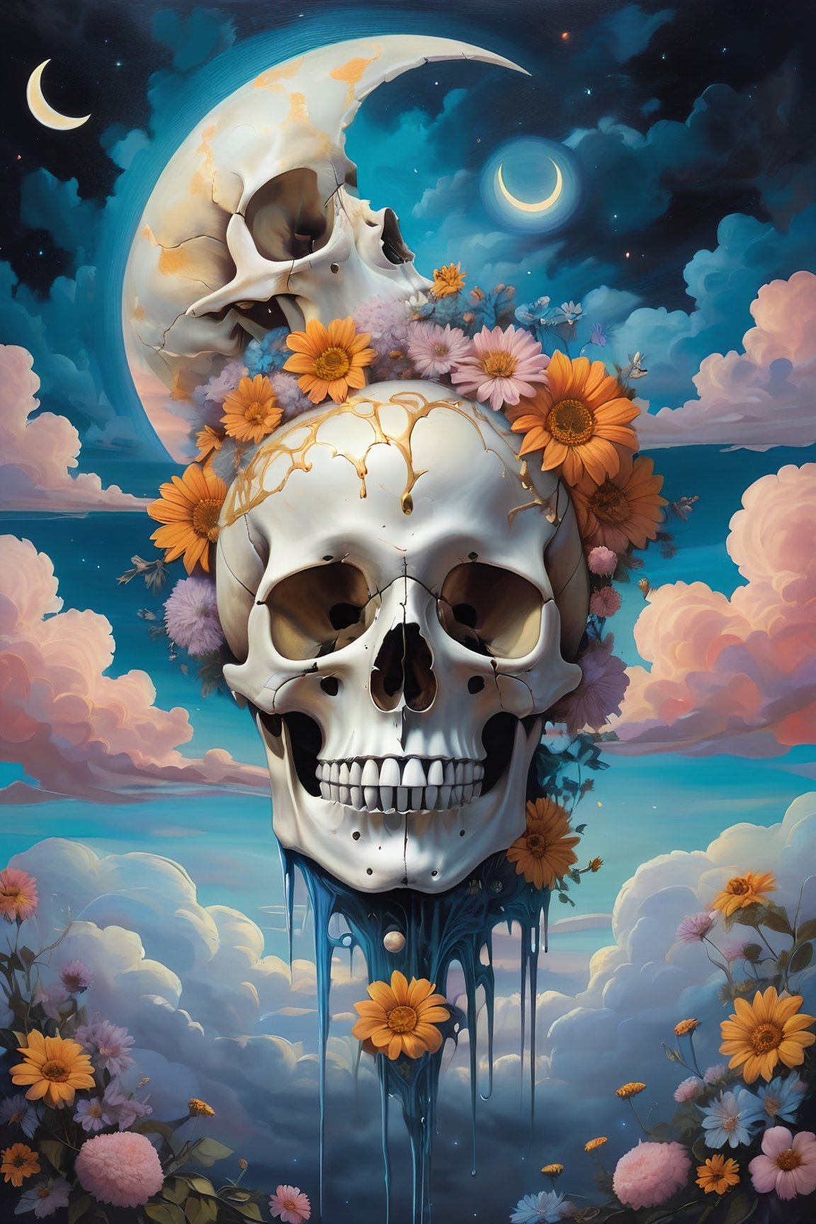 surrealist painting of a human skull with the moon, clouds, and melting flowers, abstract, surreal