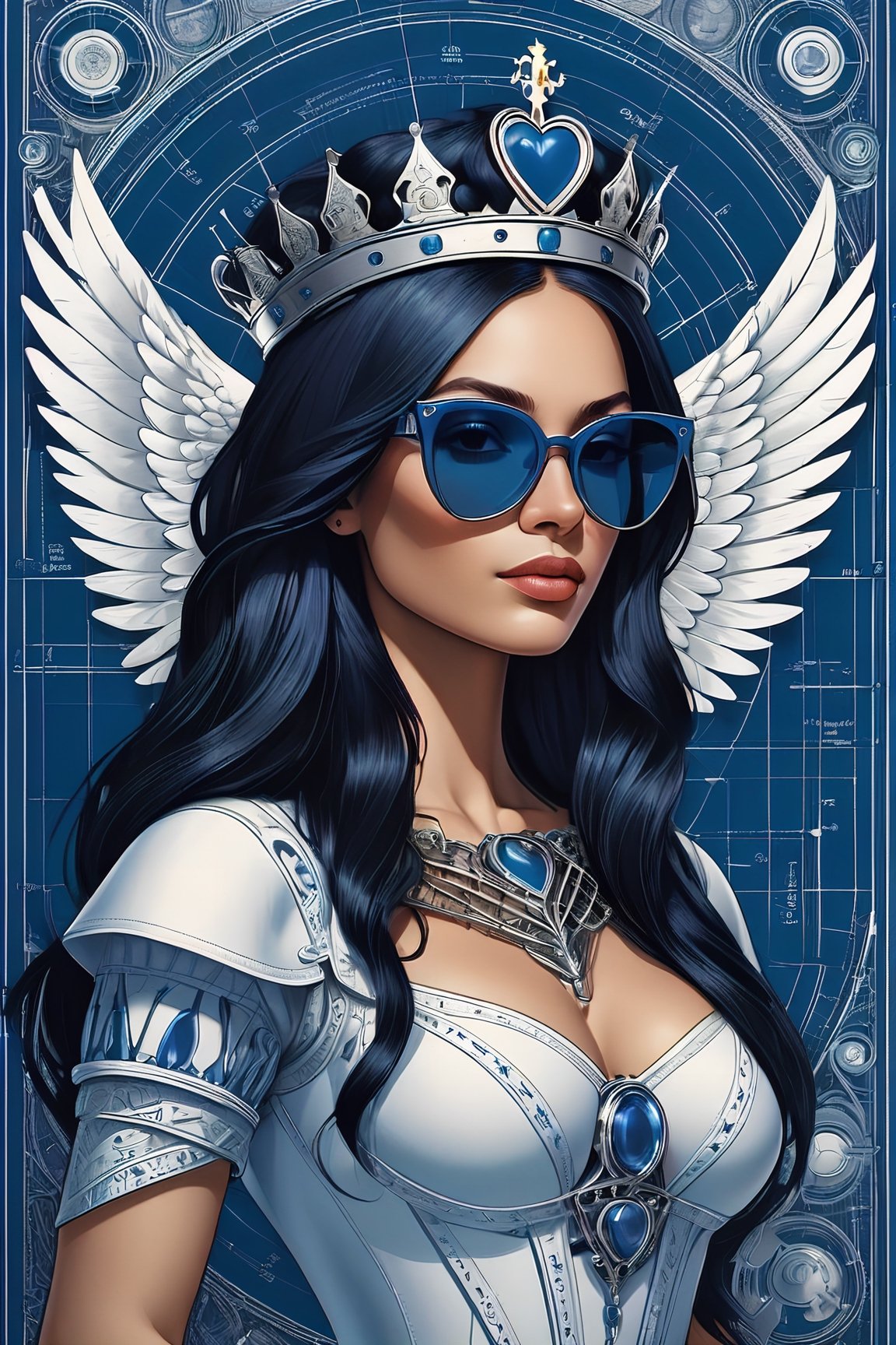 Mechanical Blueprint Poster: Queen if Hearts Playing Card, "Q" in all four corners, Detailed Technical Schematics and authentic blueprints meticulously outline the build of a woman with long, dark hair, tattoos, wings and a simple minimalistic crown on her head, sunglasses. Printed in precise white ink on authentic blueprint paper, these comprehensive plans unveil the intricacies of creating a human form. A thoughtful gift from your local community, explore Extreme Technical Detail, reminiscent of traditional Illustration drafting, rendered in high-resolution 16k, to foster a clear understanding, poster, illustration, typography, conceptual art, dark fantasy